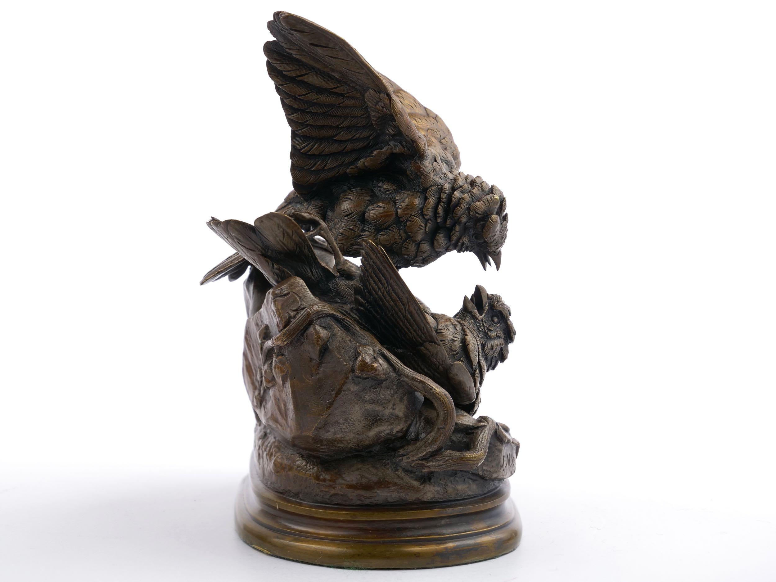 “Fighting Sparrows” French Antique Bronze Sculpture by Jules Moigniez 1