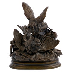“Fighting Sparrows” French Antique Bronze Sculpture by Jules Moigniez