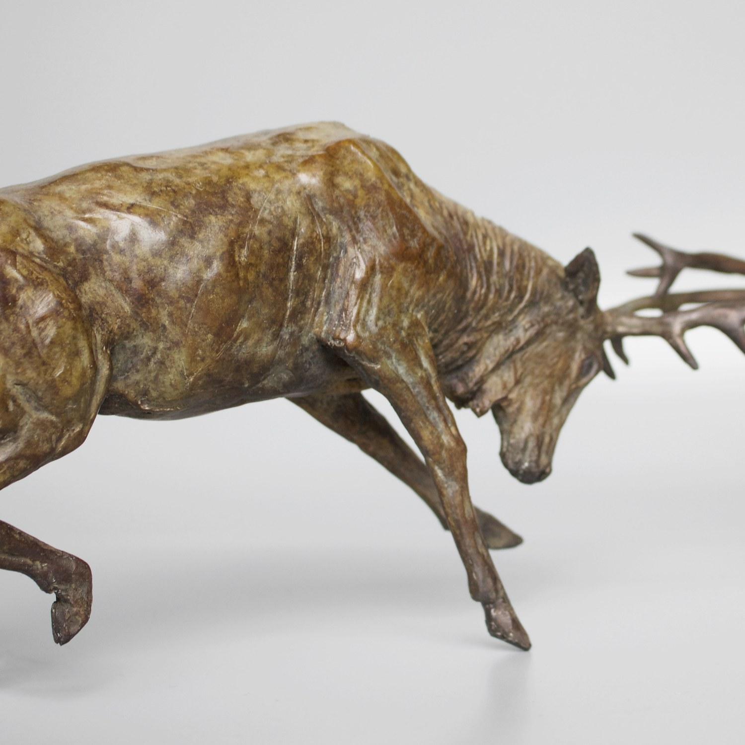 A contemporary bronze sculpture of two fighting stags by Artist Jenna Gearing. Rich brown patination and fine hand finished detail. Limited edition 2/12. Signed JG to bronze.

Jenna Gearing is a contemporary sculptor who's interest in history and