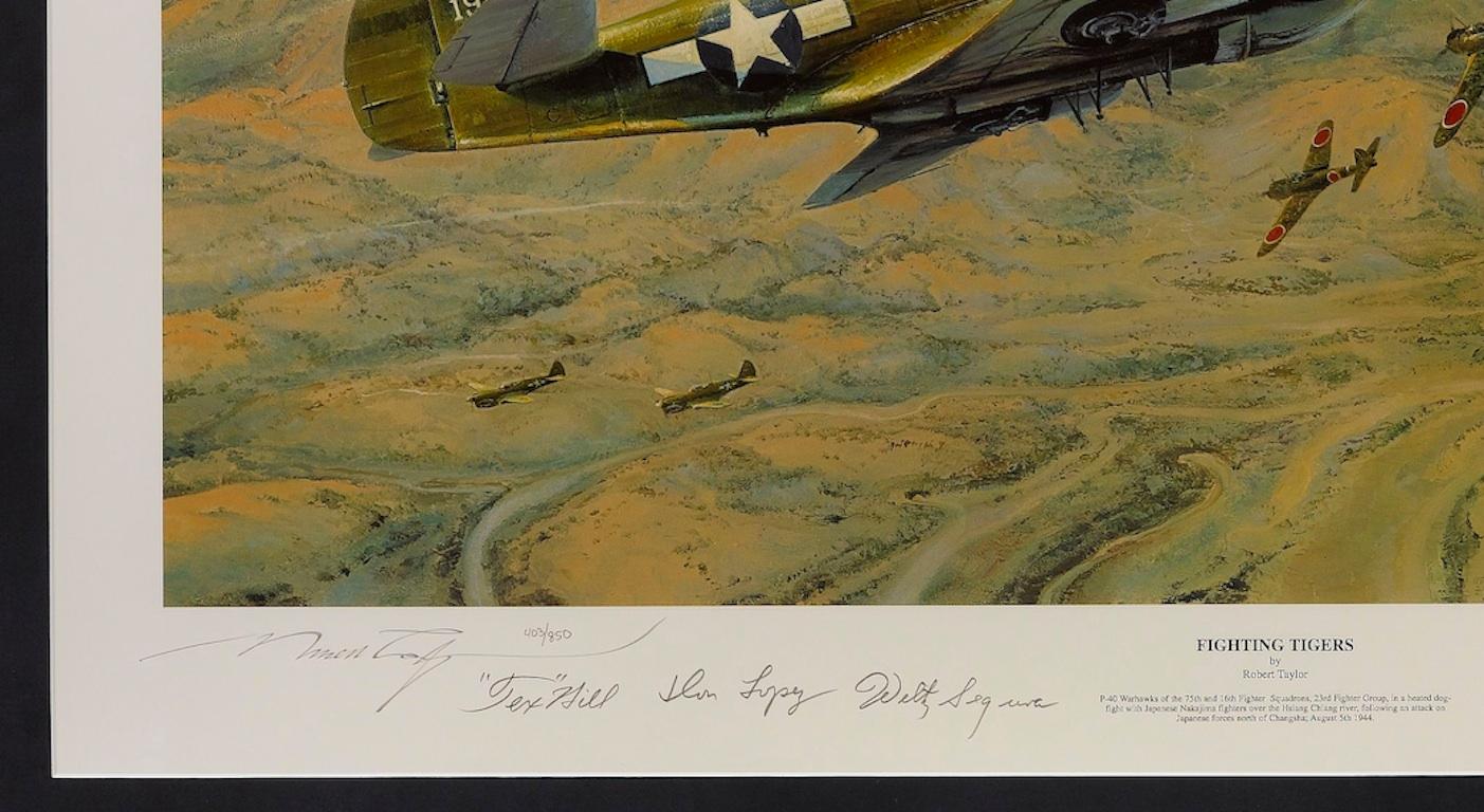 This dramatic scene by Robert Taylor is signed in the bottom margin by six WWII pilots: John Alison, Tex Hill, Don Lopez, Charles Older, Ed Rector, and Wiltz Segura. The signed offset lithograph is a limited edition and numbered 403 of only 850