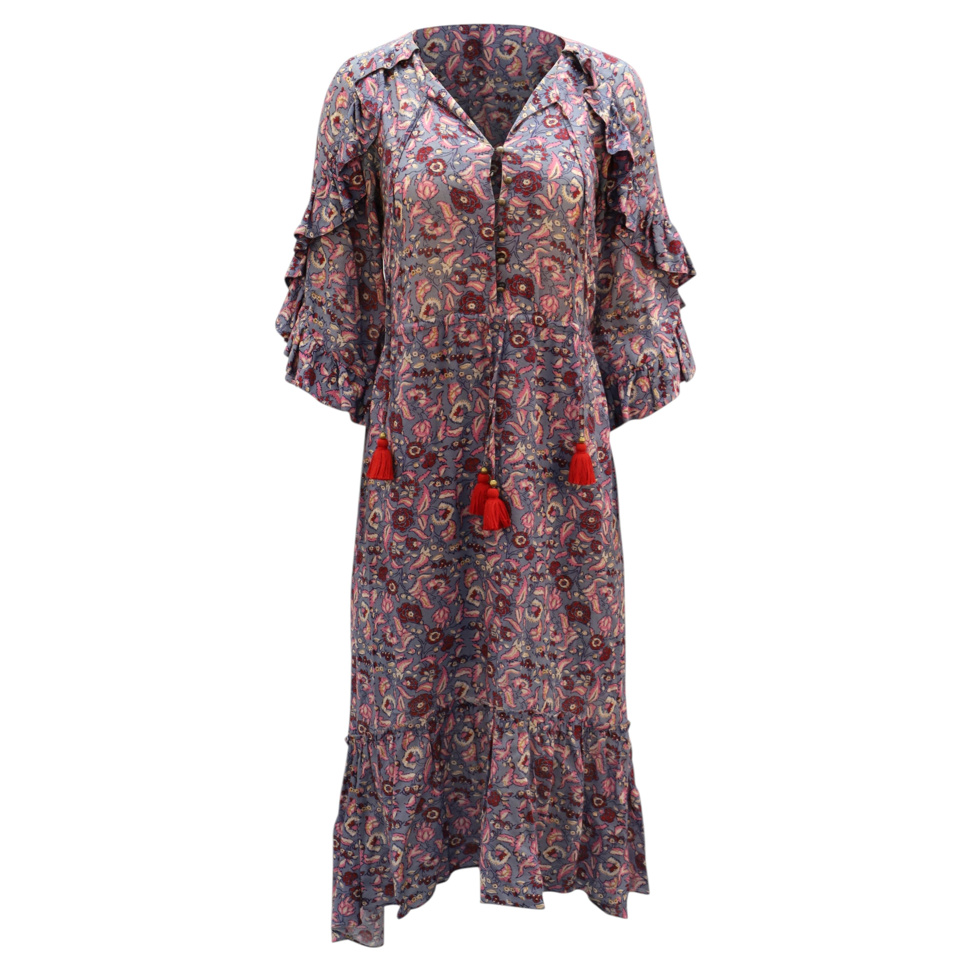 Boho-Kleid mit Feigenprint aus mehrfarbiger Viskose im Angebot