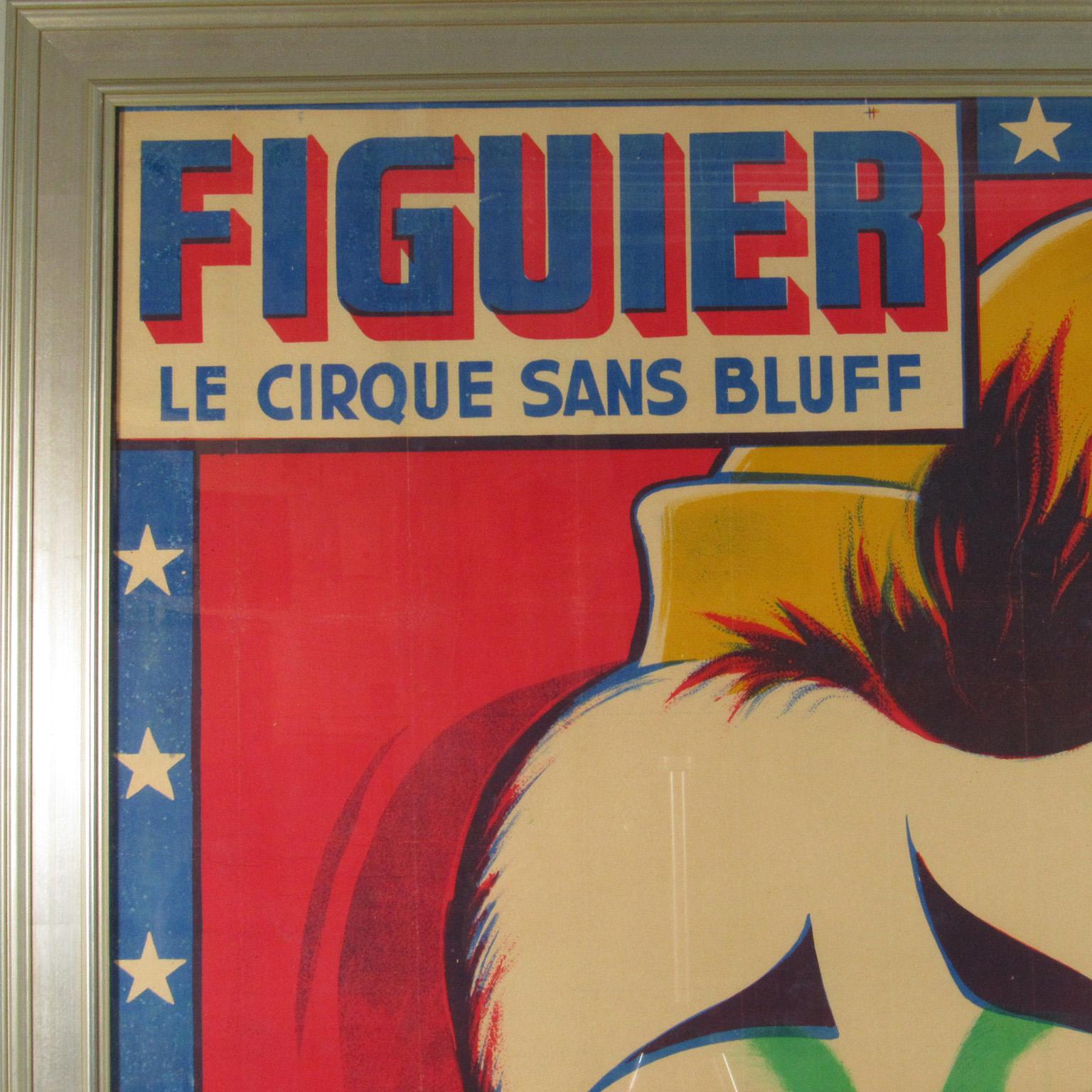 Figuier le Cirque Sans bluff midcentury French poster. Imp. Soudant, 20 Rue St. Laurent, Paris. Full size color lithograph, sight: 62 x 45 1/4 in., framed: 68 3/4 x 52 in. 

Figuier le Cirque (circus without tears) promised real acts without hype.