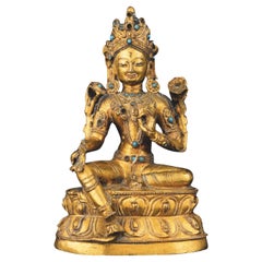 Antique Figure of Tara sitting on double lotus flower, Tibet, 17th - 18th century