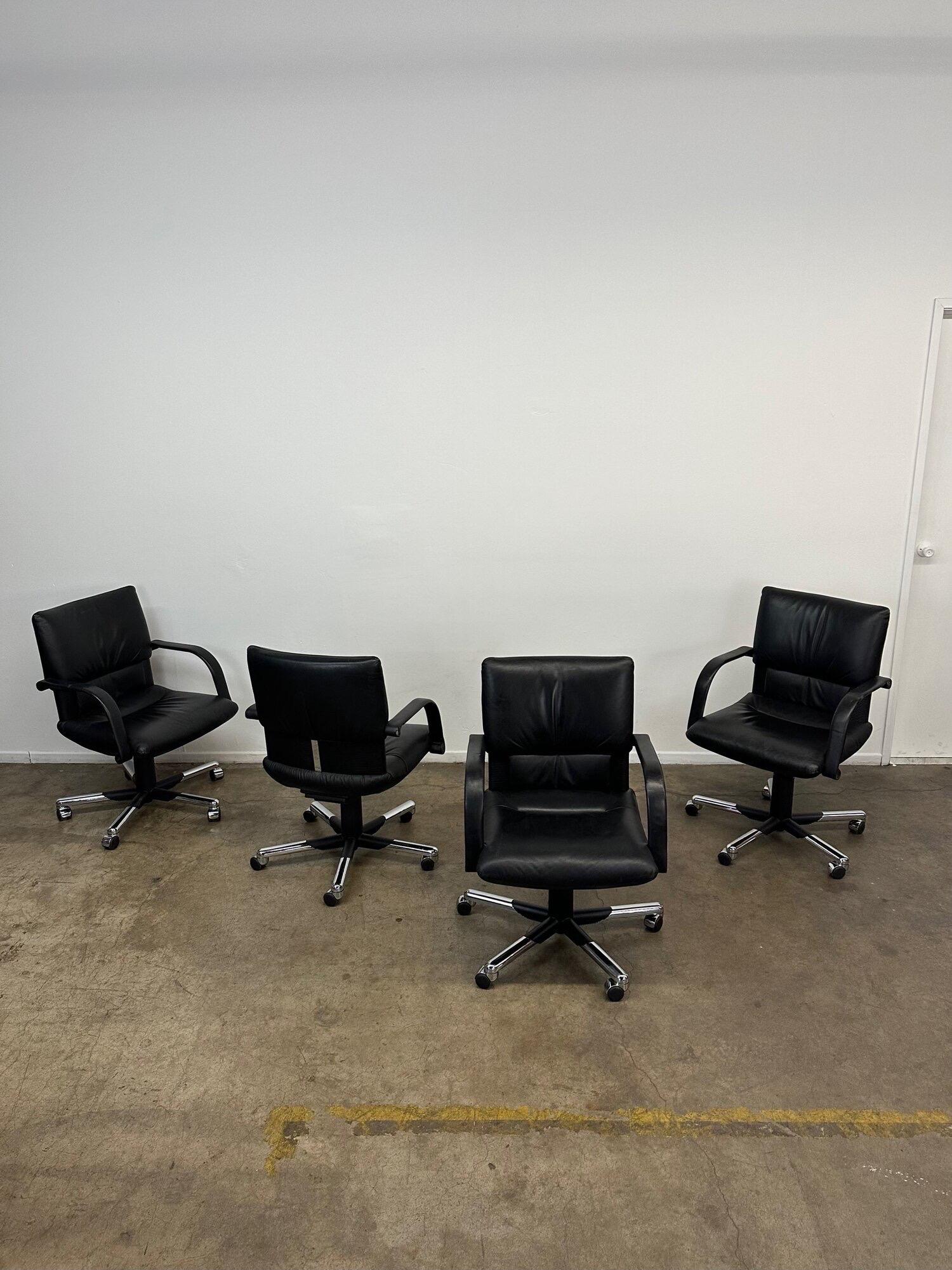 W25 D27 H35 SW20 SD17 SH17 AH25.5

Vintage German made leather office chairs. Price is per chair. Chairs are structurally sound and fully functional. Areas of wear have been pictured closely such as patina to leather and scuff marks. Price is per