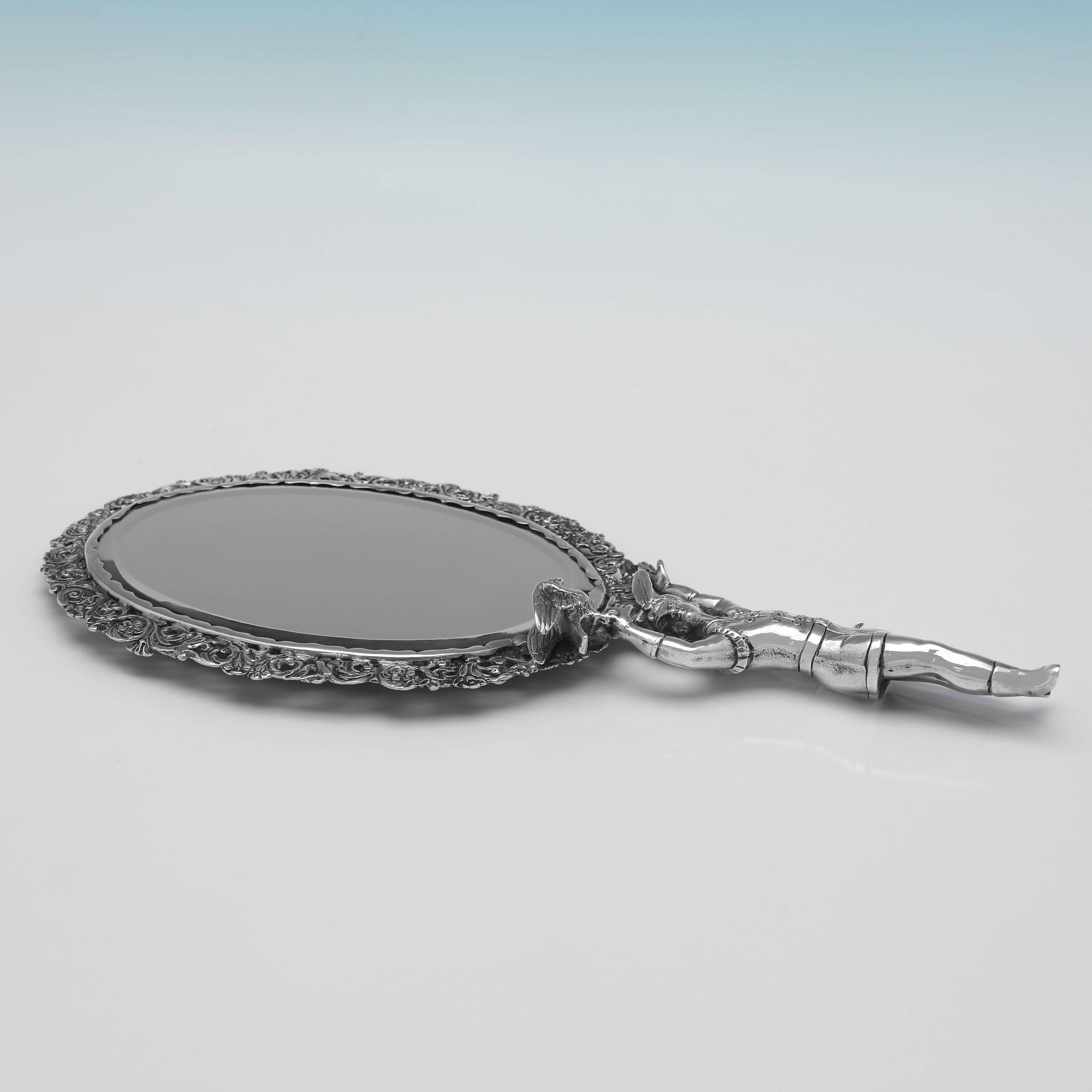 Late 19th Century Figural Antique Sterling Silver Hand Mirror - London 1882 For Sale