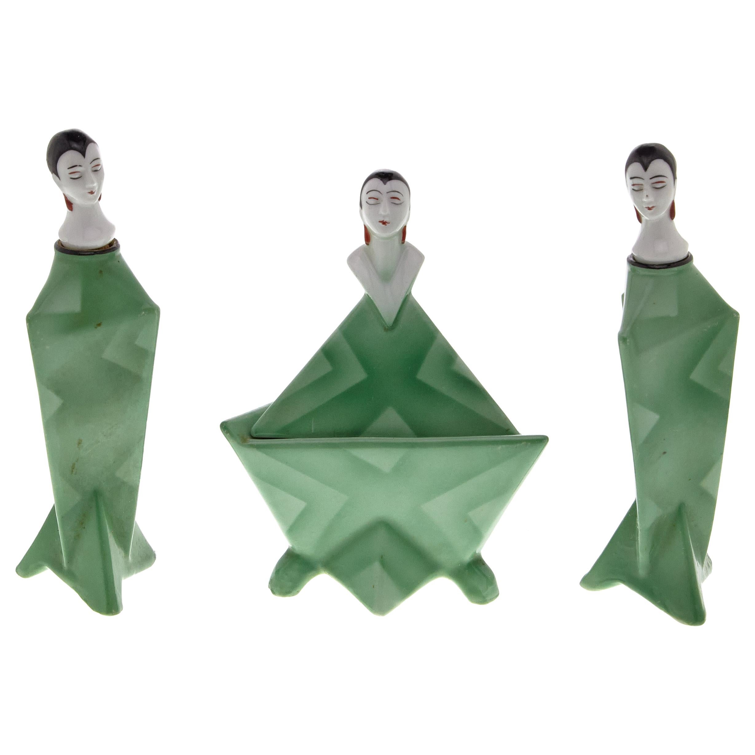 Figural Art Deco Perfume Bottles and Powder Box