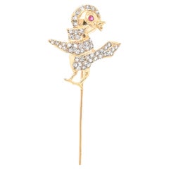 Figural Art Deco Style 14k Gold & Diamond Encrusted Baby Bird or Chick Stickpin