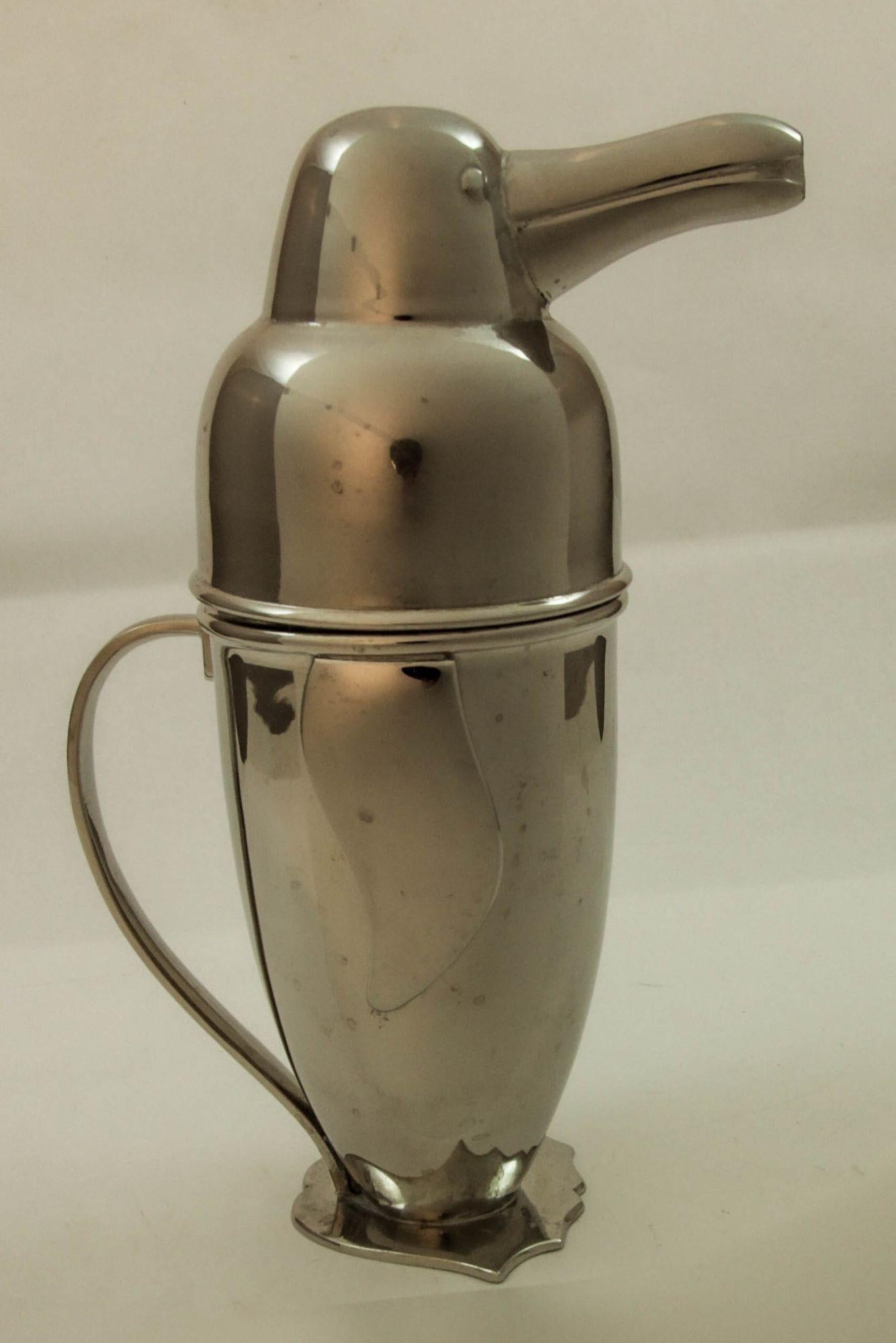 American Figural Art Deco Style Chrome Penguin Cocktail Shaker 1980s