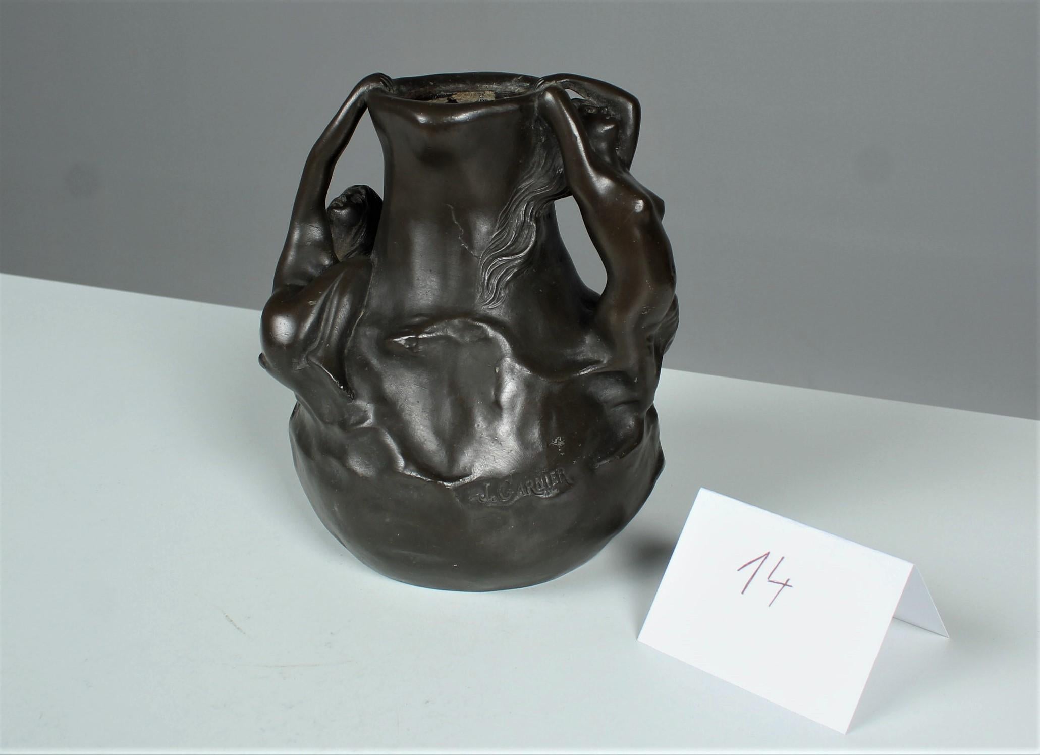 Cast Figural Art Nouveau Vase, Signed 