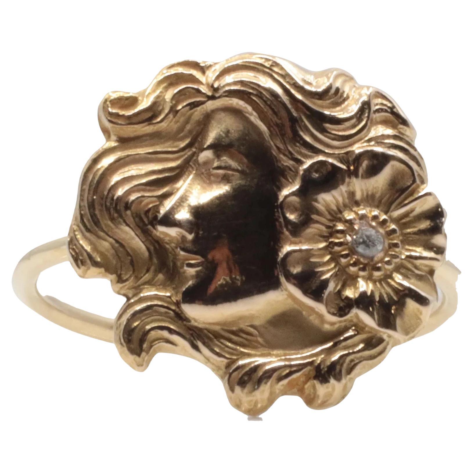 Figural Art Nouveau Woman with Diamond Flower Ring in 14K Gold For Sale