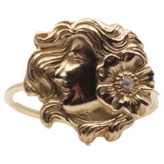 Antique Figural Art Nouveau Woman with Diamond Flower Ring in 14K Gold