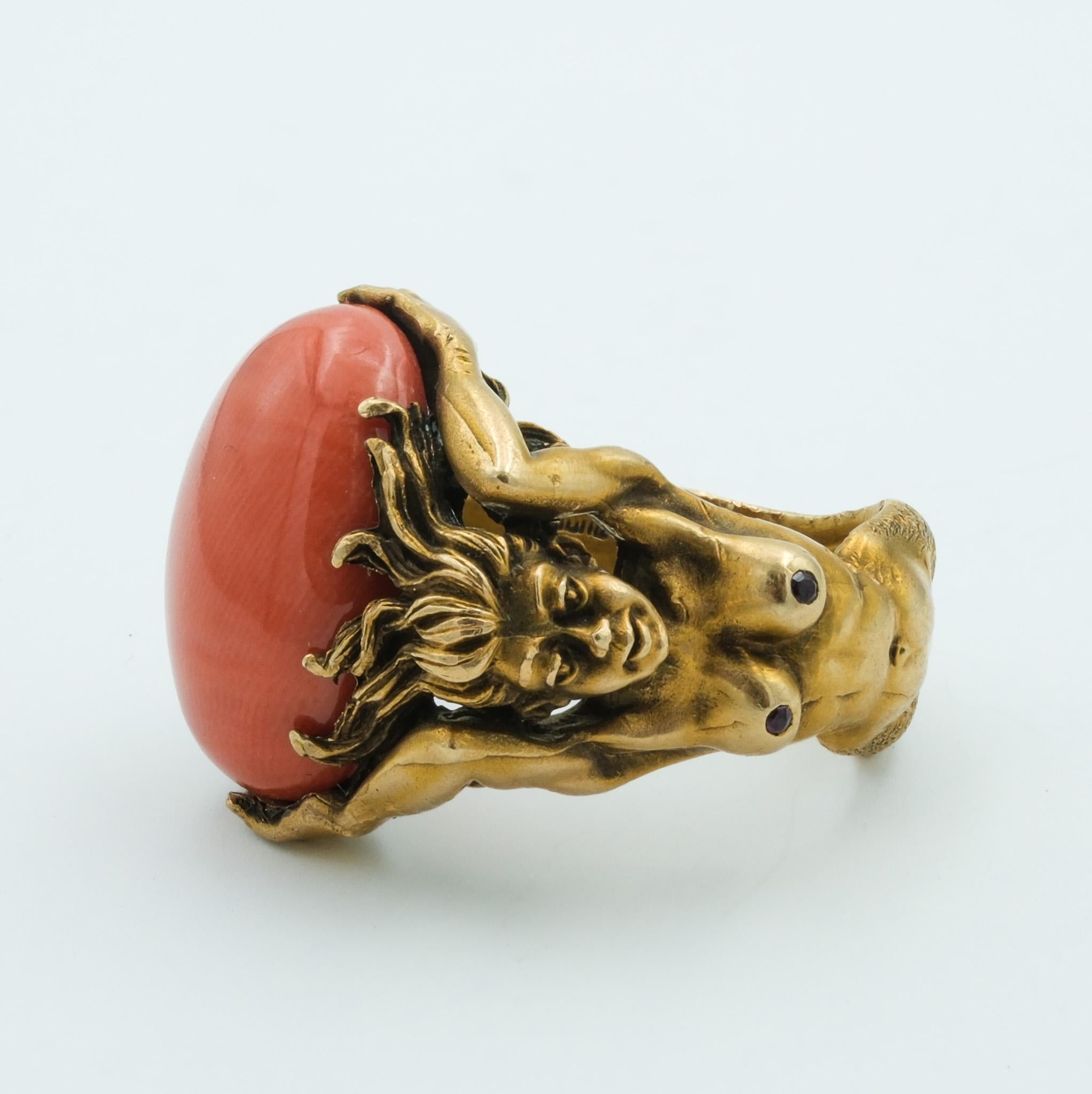 Cabochon Figural Artisan Mermaid Lady Ring with 12.8 carat Coral and Garnet Handmade For Sale