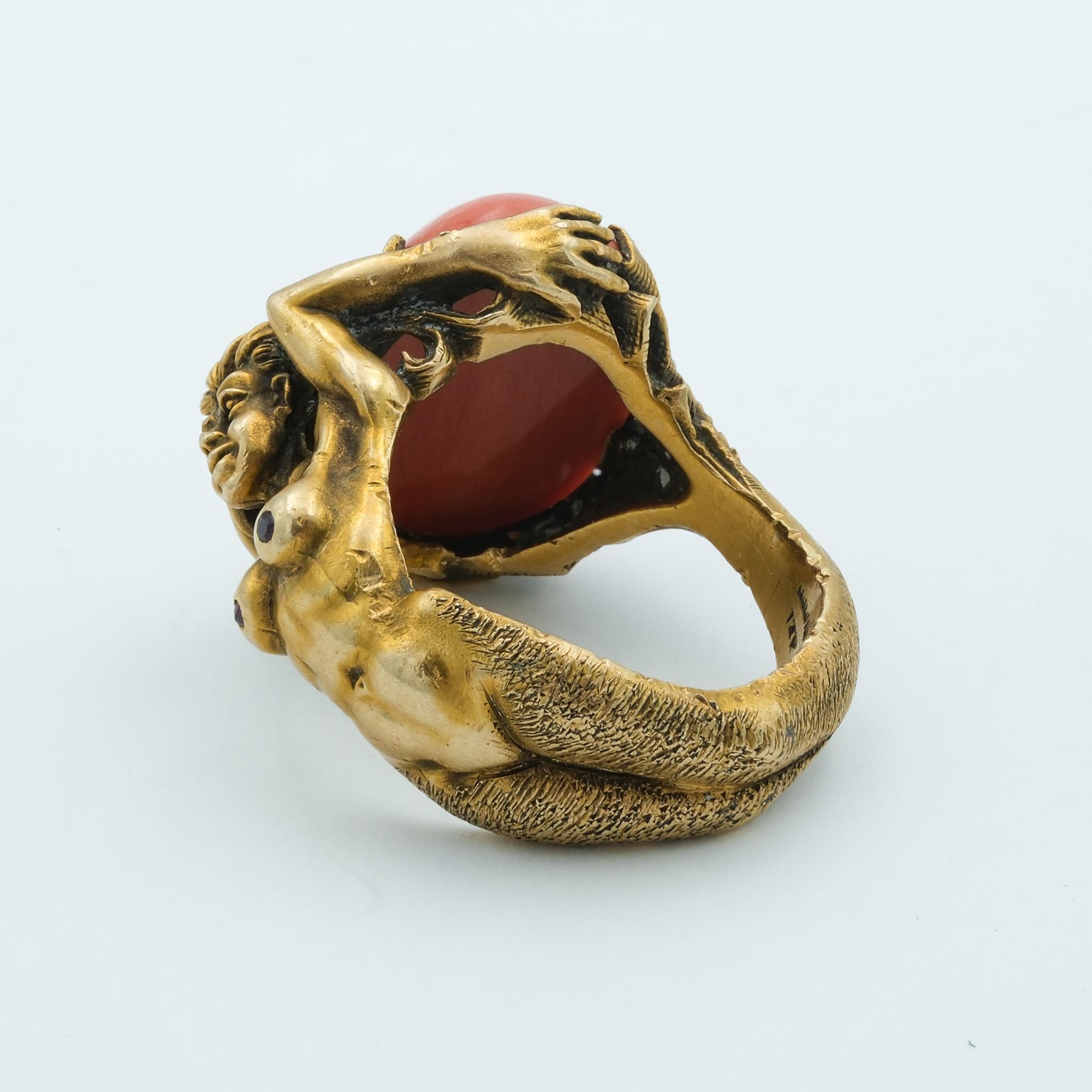 Figural Artisan Mermaid Lady Ring with 12.8 carat Coral and Garnet Handmade In Good Condition For Sale In Fairfield, CT