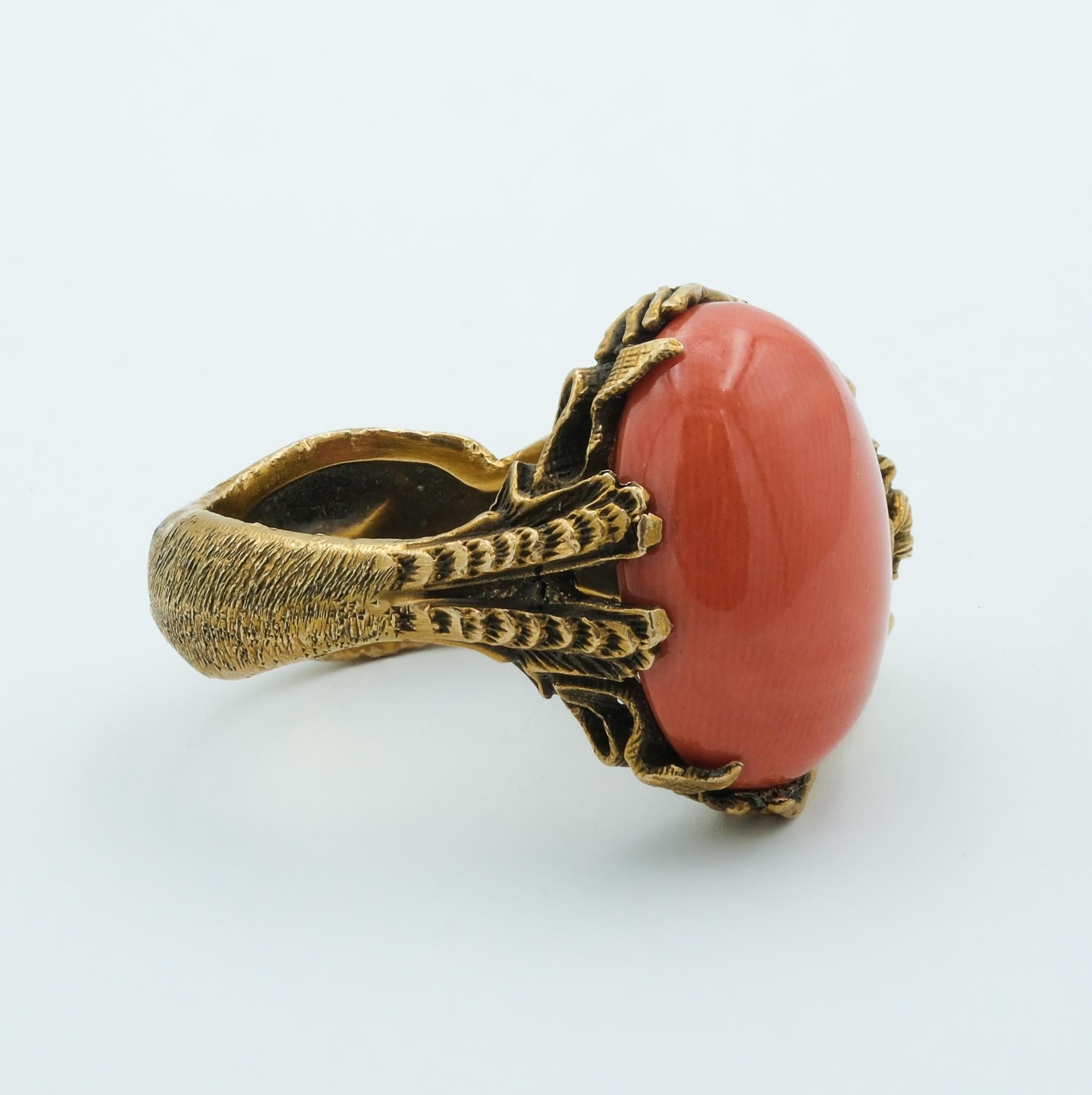 Women's or Men's Figural Artisan Mermaid Lady Ring with 12.8 carat Coral and Garnet Handmade For Sale