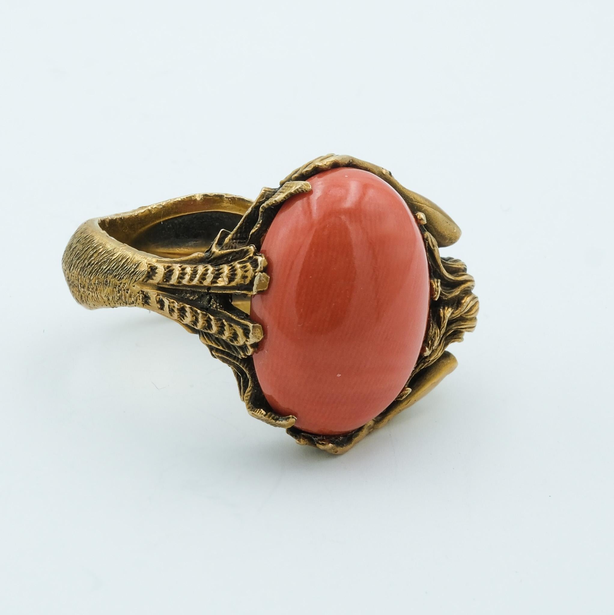 Figural Artisan Mermaid Lady Ring with 12.8 carat Coral and Garnet Handmade For Sale 1