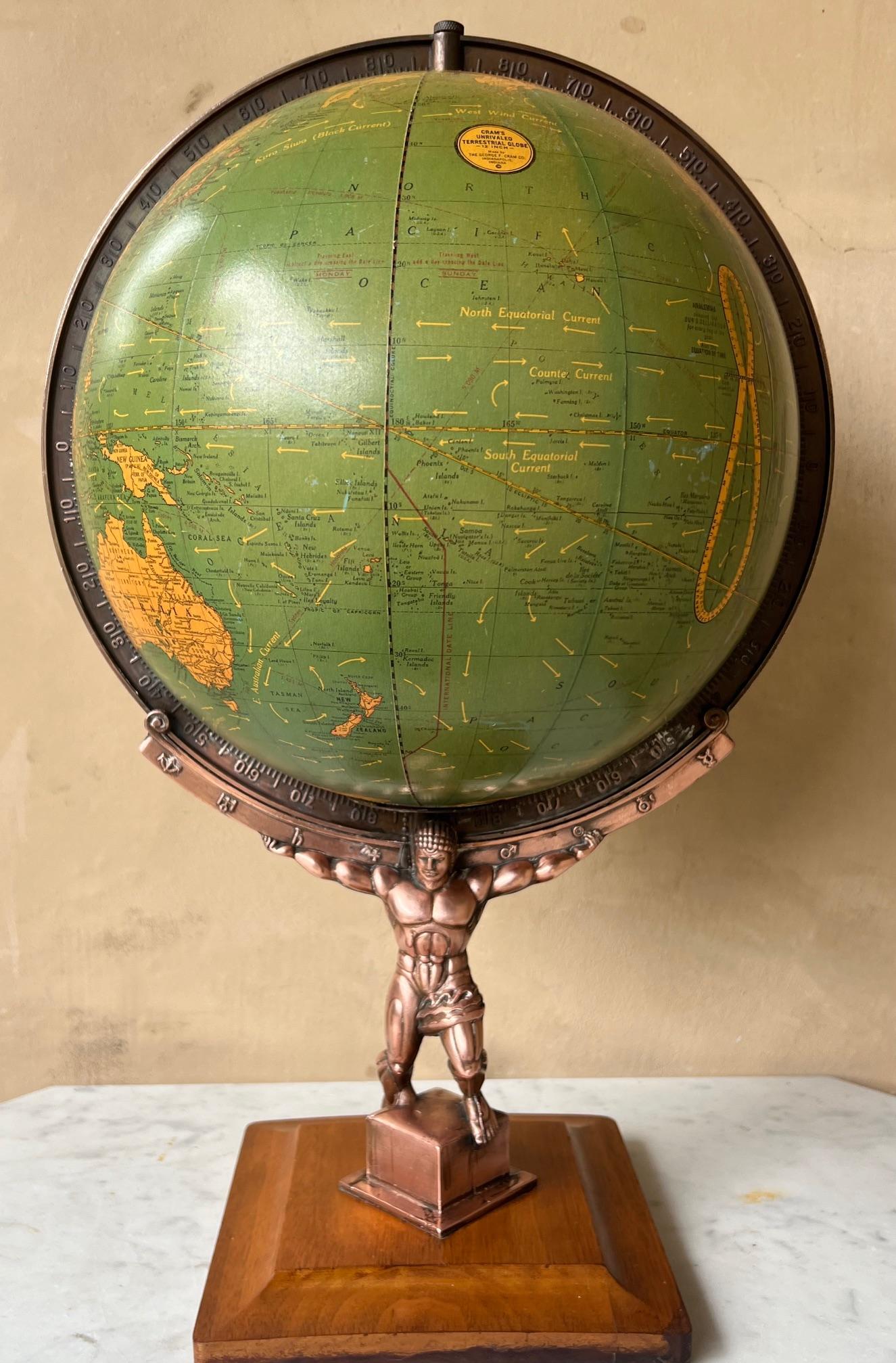 Mid-20th Century Figural Atlas & Globe Light by George F. Cram Co., c. 1940's