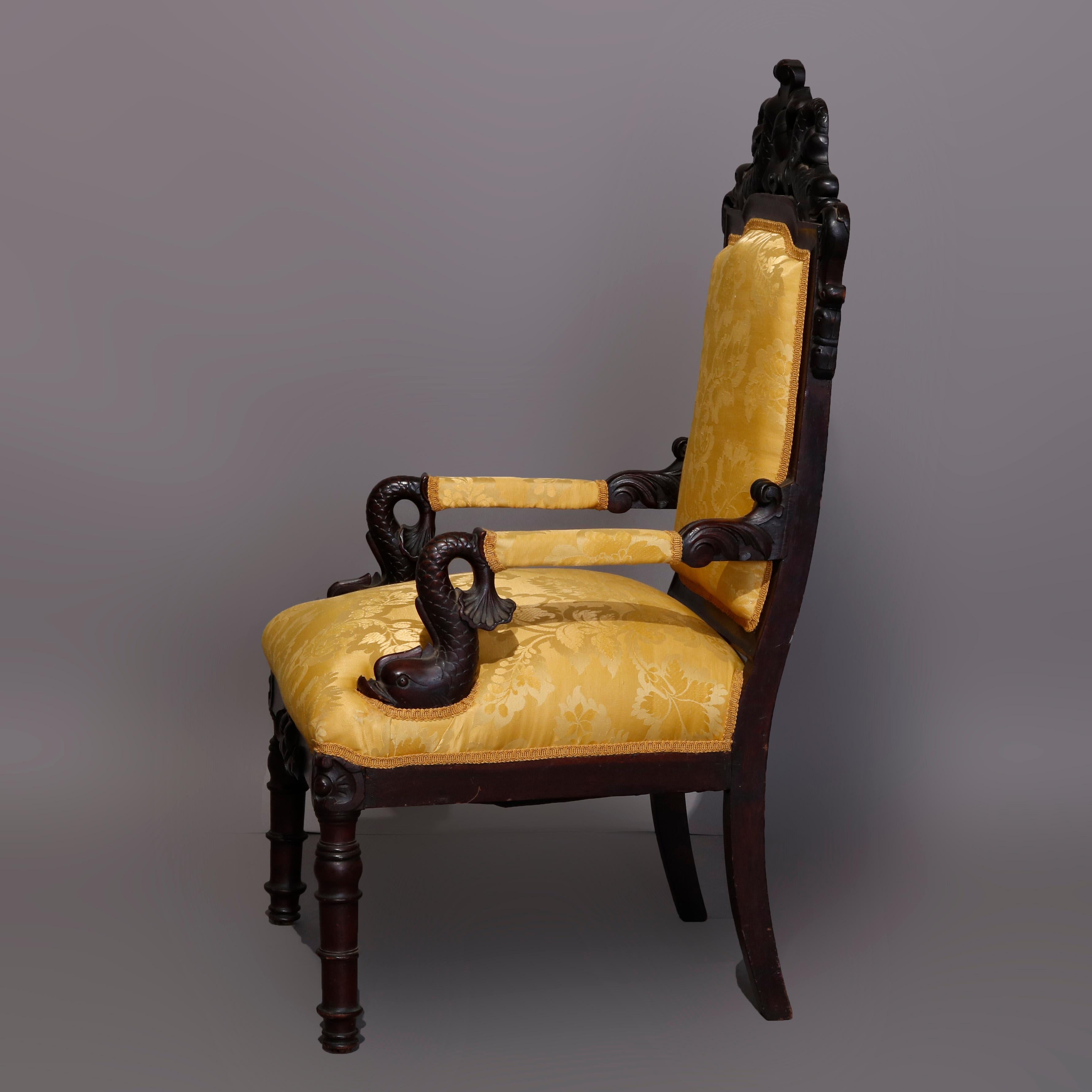 European Figural Baroque Style Carved Rosewood Armchair, Fleur-de-Lis and Dolphins