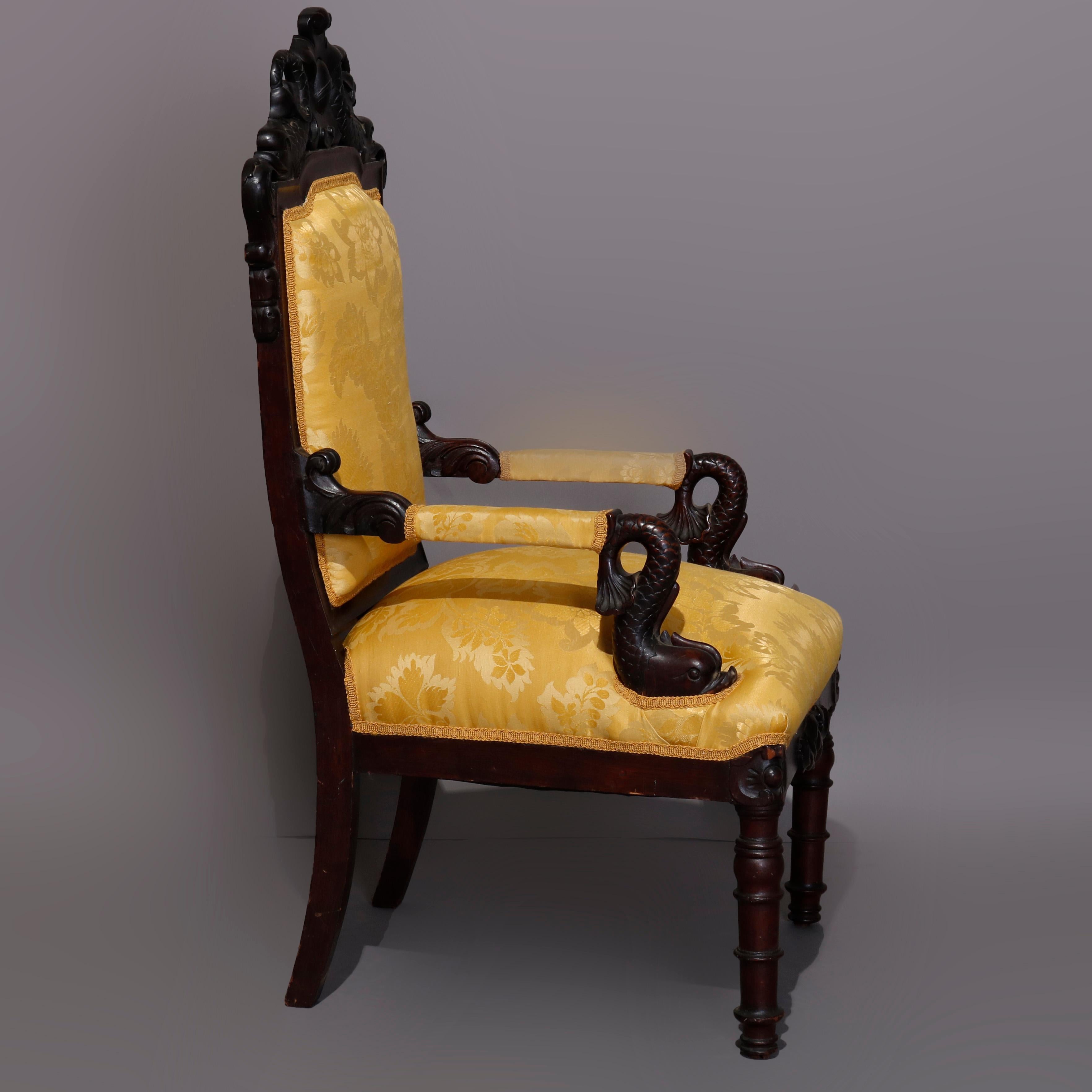 19th Century Figural Baroque Style Carved Rosewood Armchair, Fleur-de-Lis and Dolphins