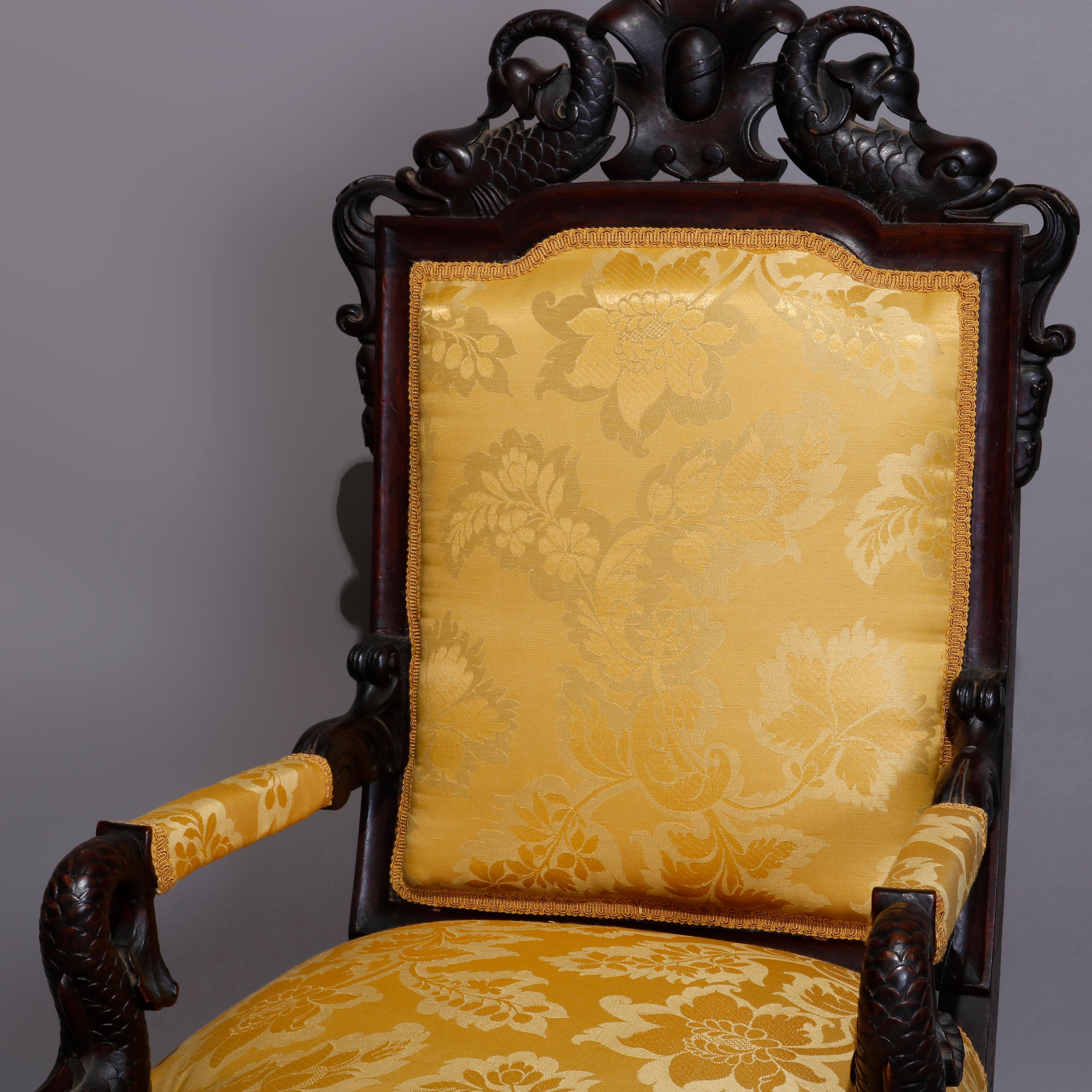 Figural Baroque Style Carved Rosewood Armchair, Fleur-de-Lis and Dolphins 1