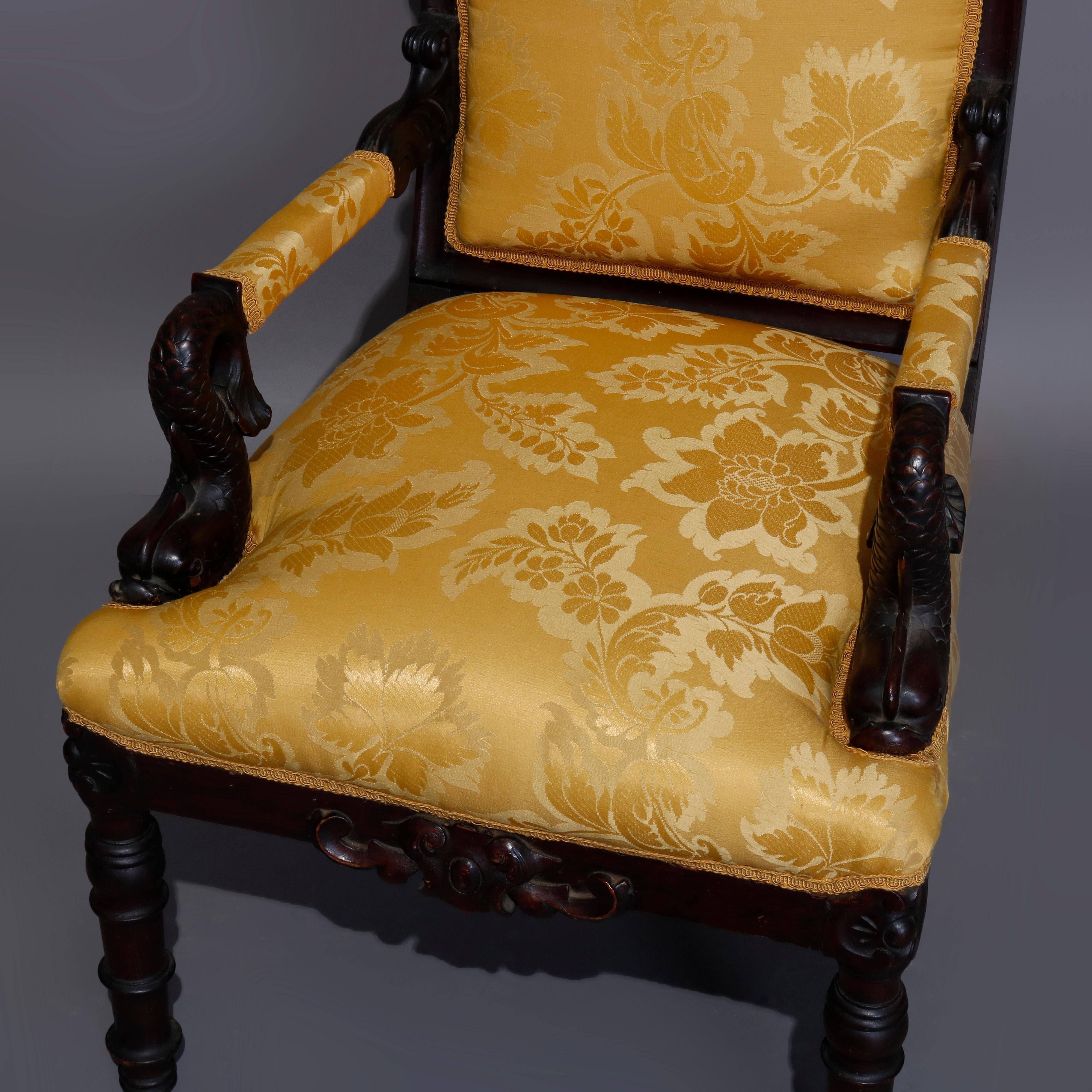 Figural Baroque Style Carved Rosewood Armchair, Fleur-de-Lis and Dolphins 2