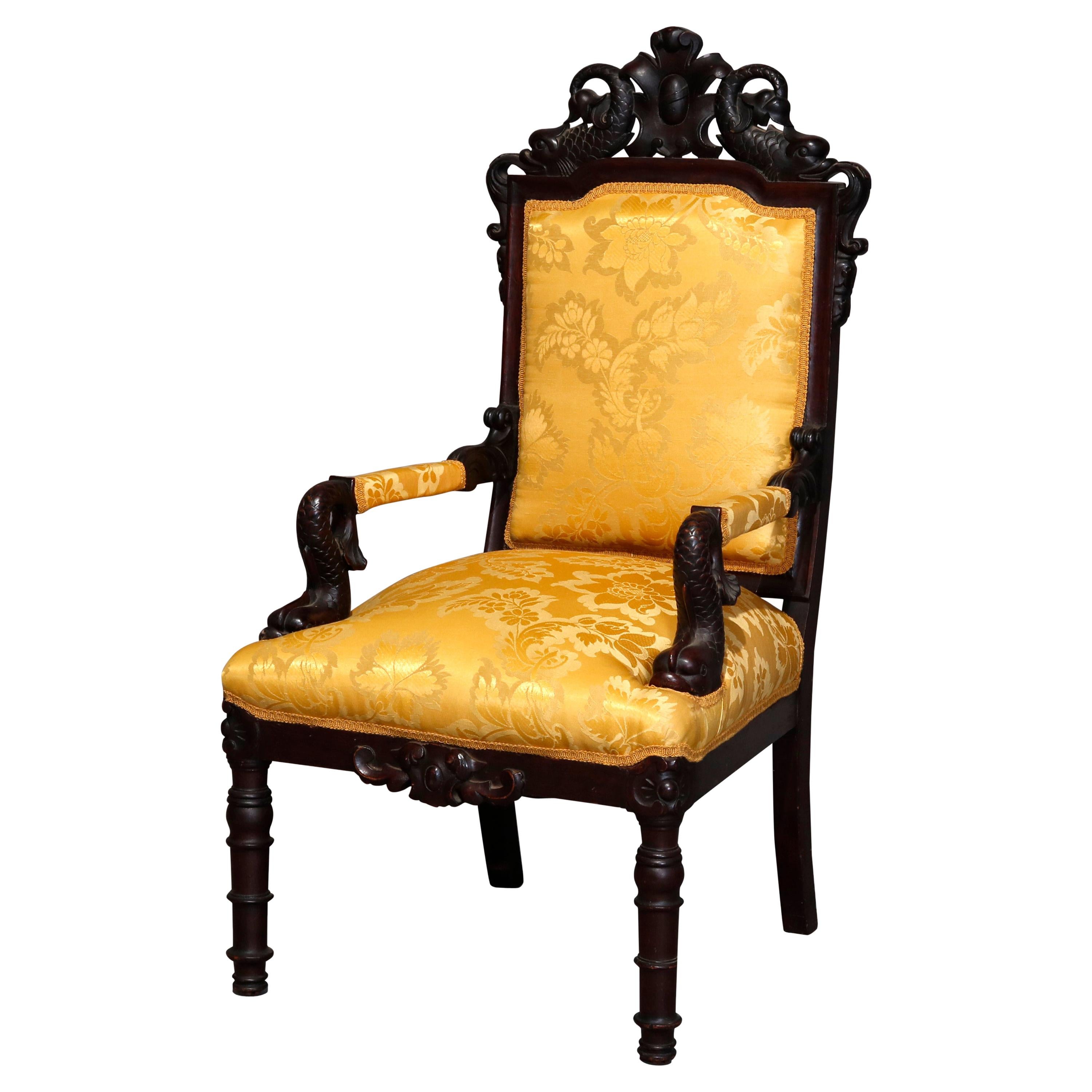 Figural Baroque Style Carved Rosewood Armchair, Fleur-de-Lis and Dolphins