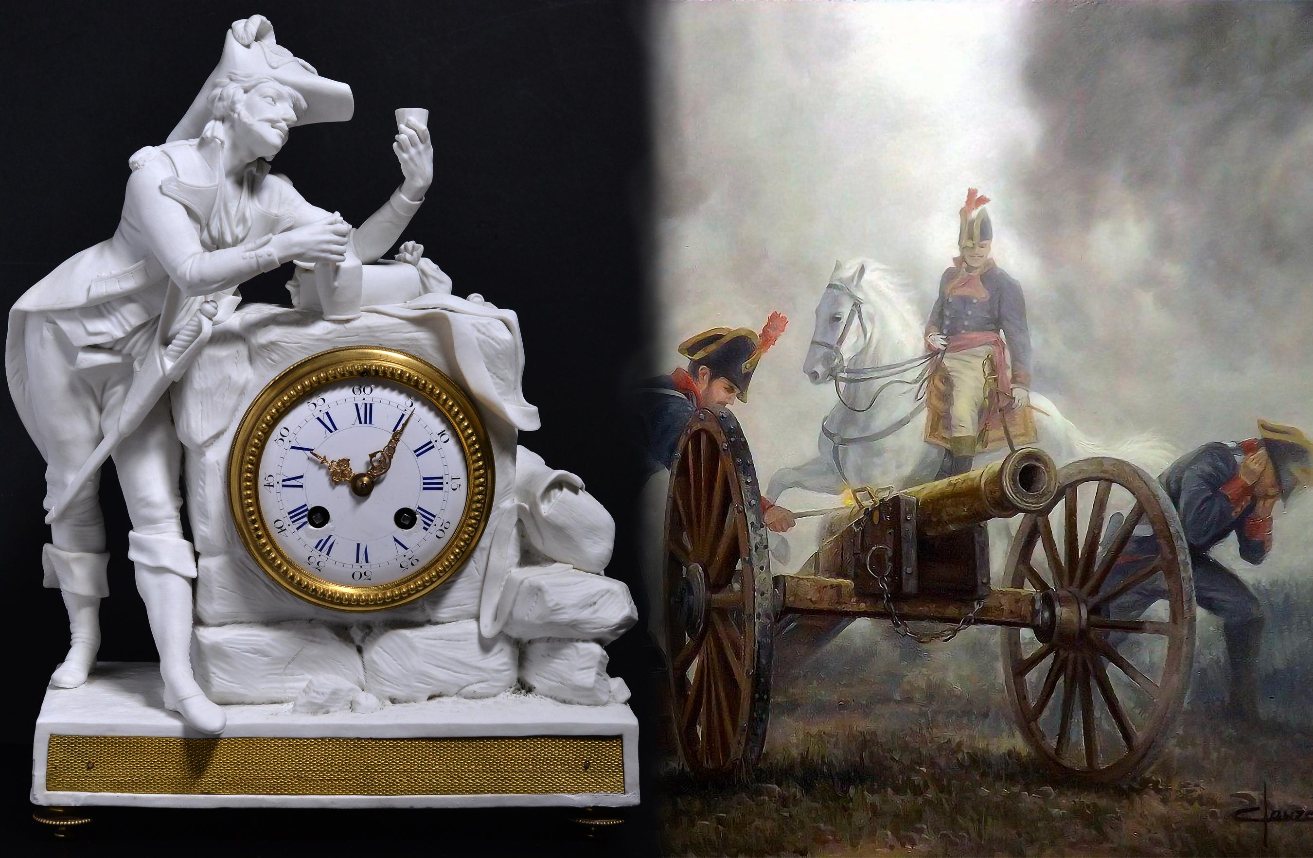 Horloge figurative en porcelaine biscuit et bronze doré Officier napoléonien 19e siècle en vente 4
