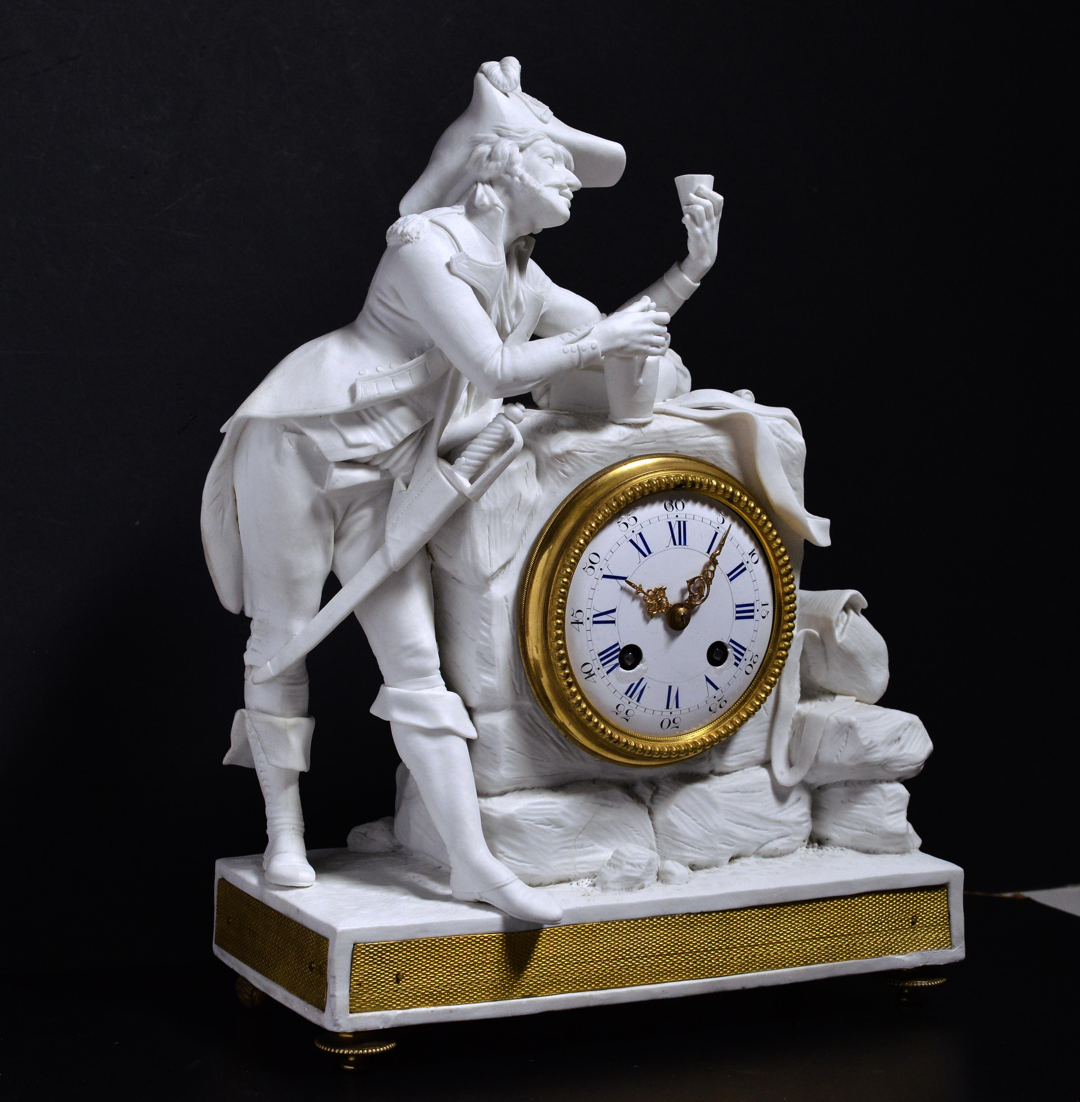 Made of bisque porcelain in the middle of 19th century, presumably by Royal French Porcelain Manufacture de Sevres, the clock in the form of a scene where an elegant officer was depicted at intermedia of military routine, going to merrily celebrate