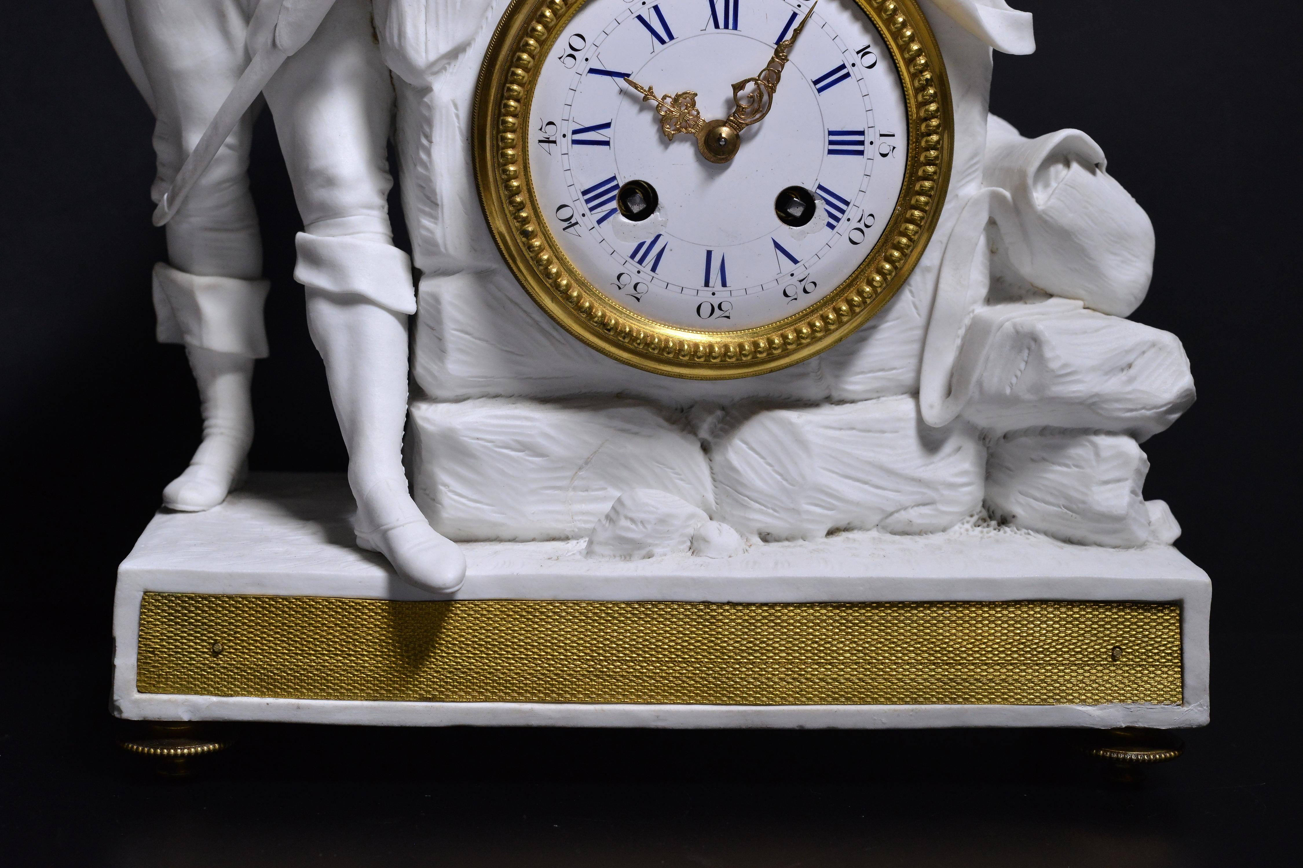 19th Century Figural Bisque Porcelain w Gilt Bronze Clock Napoleonic Officer 19th century For Sale