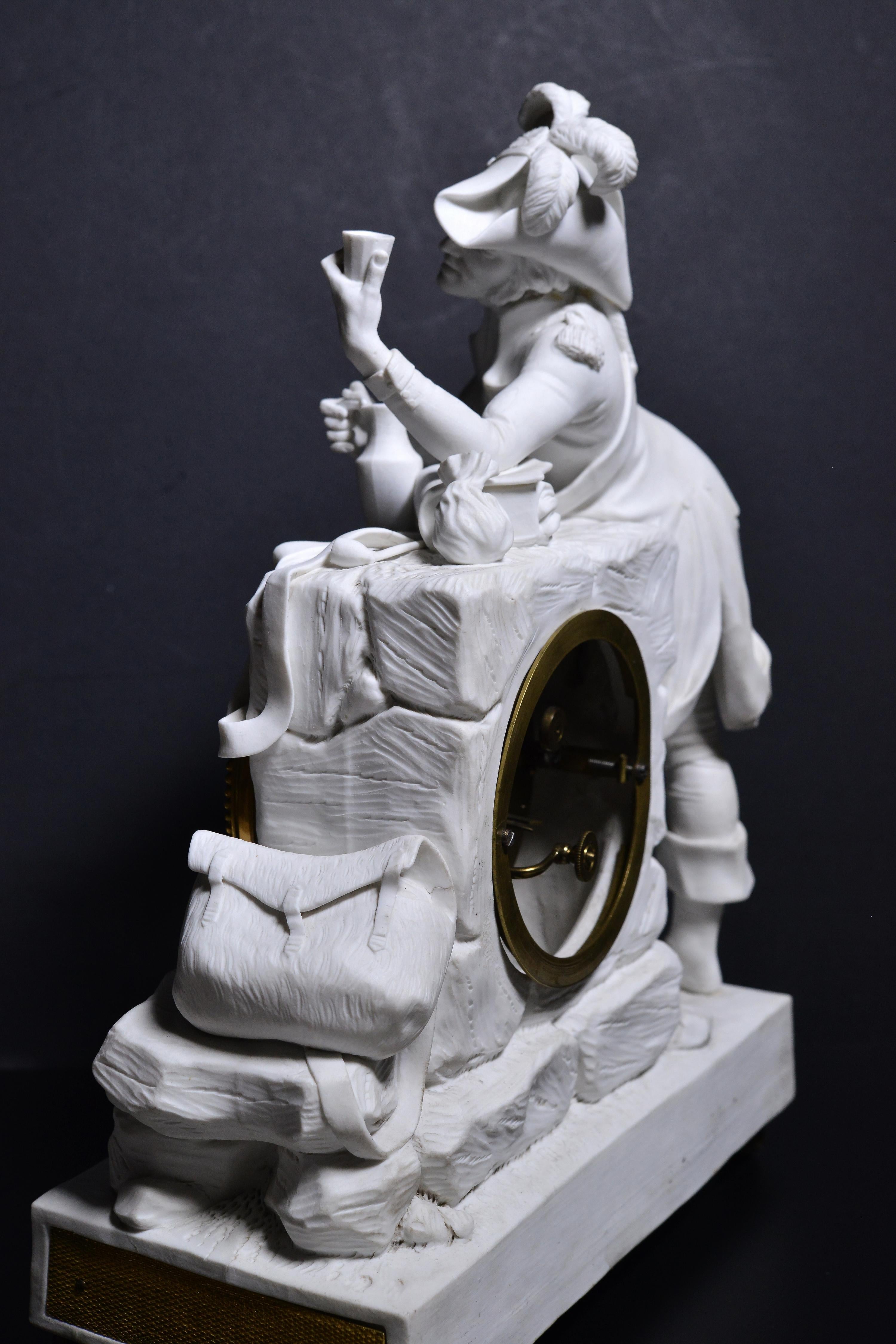 Figural Bisque Porcelain w Gilt Bronze Clock Napoleonic Officer 19th century For Sale 1