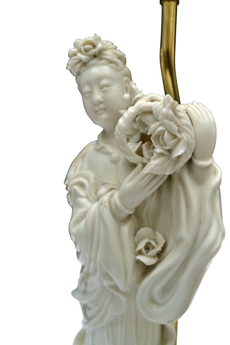 Figural Blanc De Chine Lamp of Quan Yin with an Silk Lotus Flower Shade For  Sale at 1stDibs