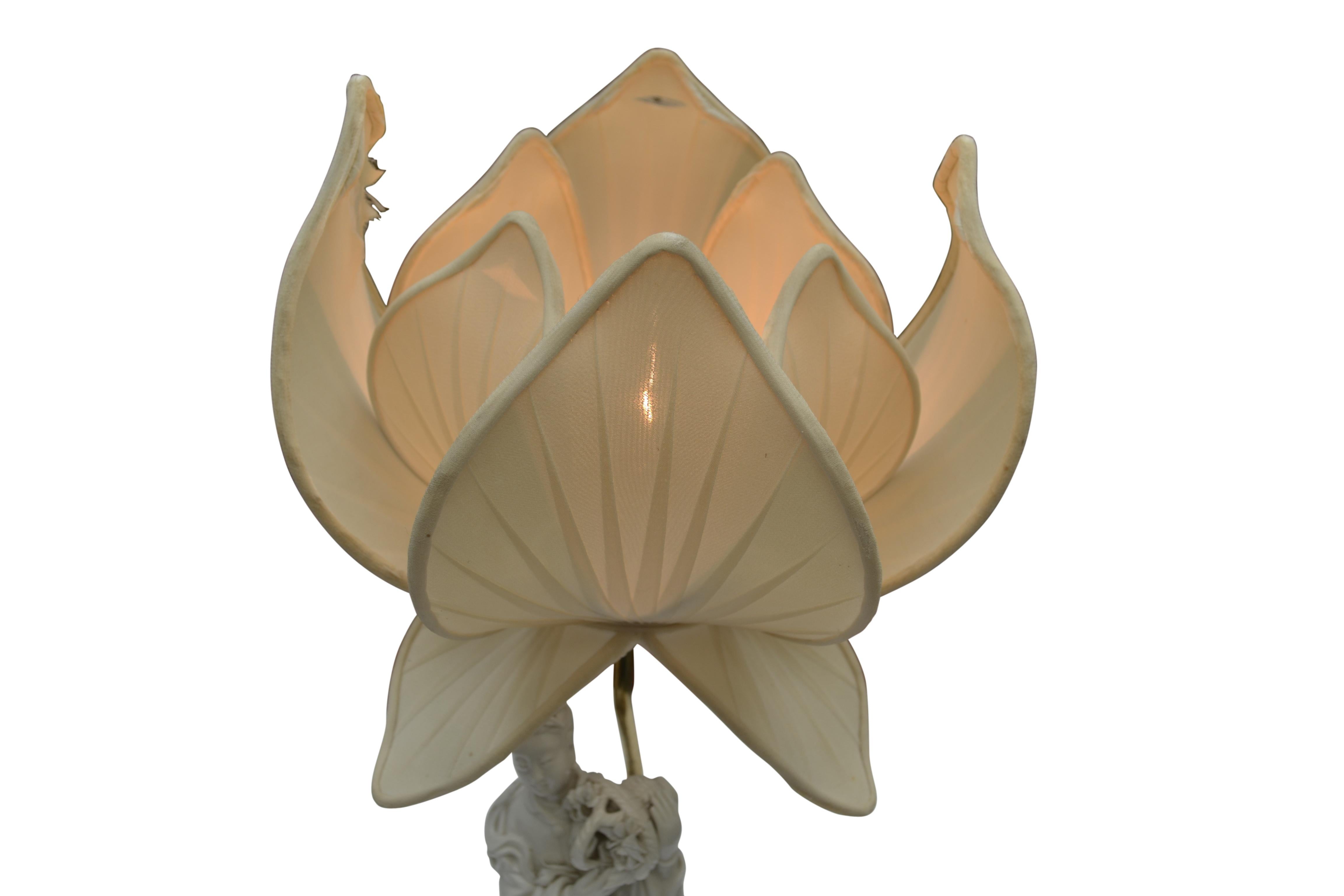 Chinese Figural Blanc De Chine Lamp of Quan Yin with an Silk Lotus Flower Shade