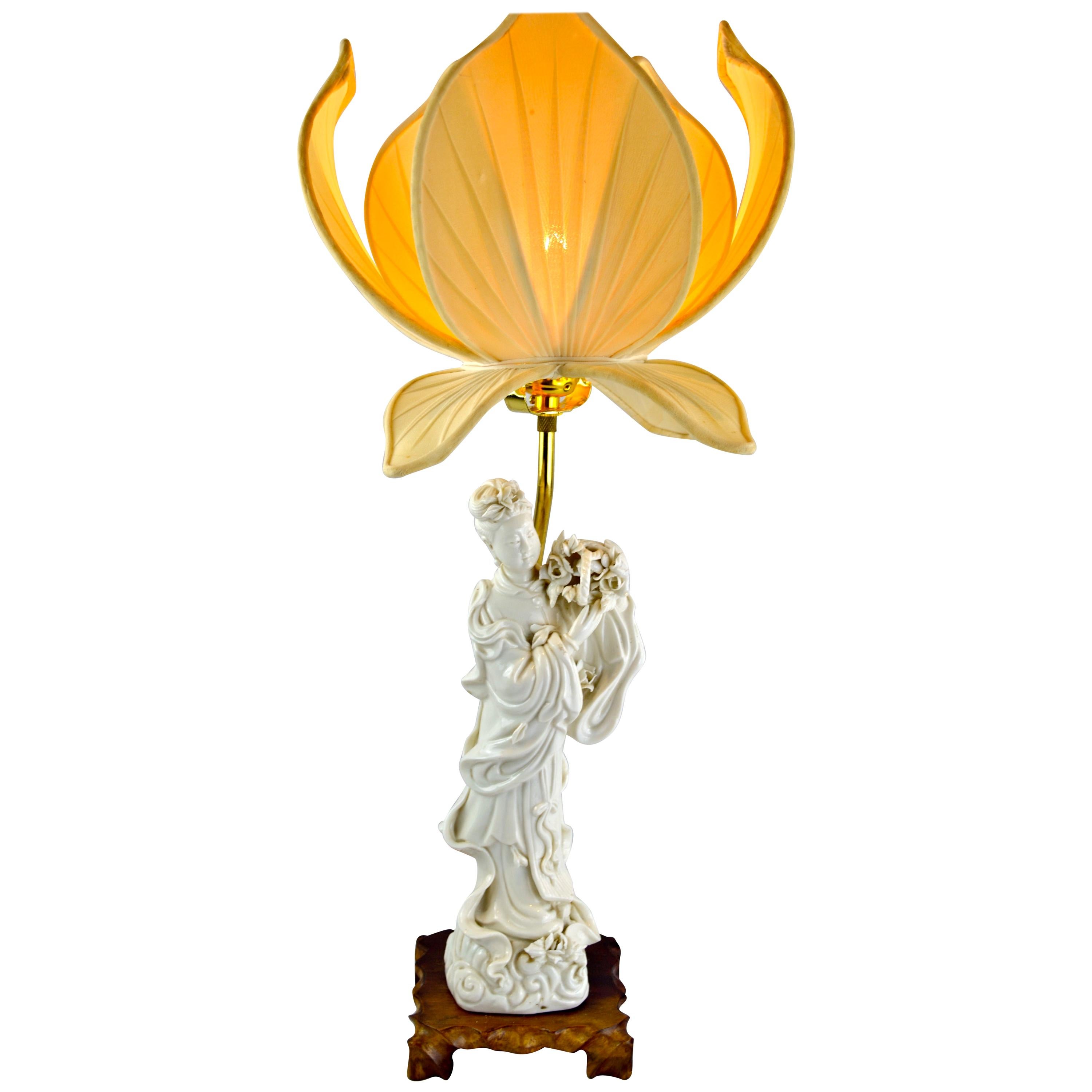 Figural Blanc De Chine Lamp of Quan Yin with an Silk Lotus Flower Shade
