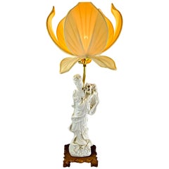 Antique Figural Blanc De Chine Lamp of Quan Yin with an Silk Lotus Flower Shade