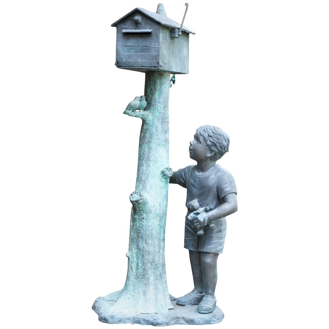 Figural Bronze Mailbox of a Boy with Birds