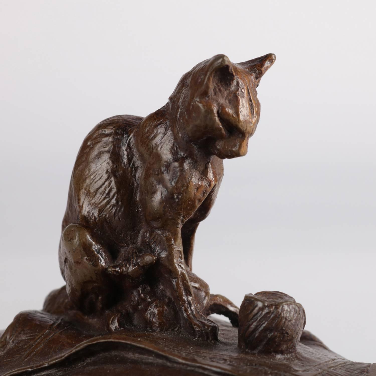 Figural Bronze Sculpture of Cat with Ball of Yarn on Marble Base, 20th Century 6