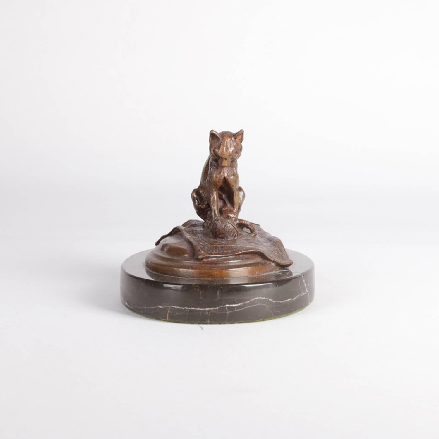 Figural Bronze Sculpture of Cat with Ball of Yarn on Marble Base, 20th Century 3