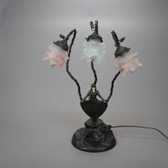 Figural Bronzed Metal & Bone Table Lamp with Woman and Flowers 20th C