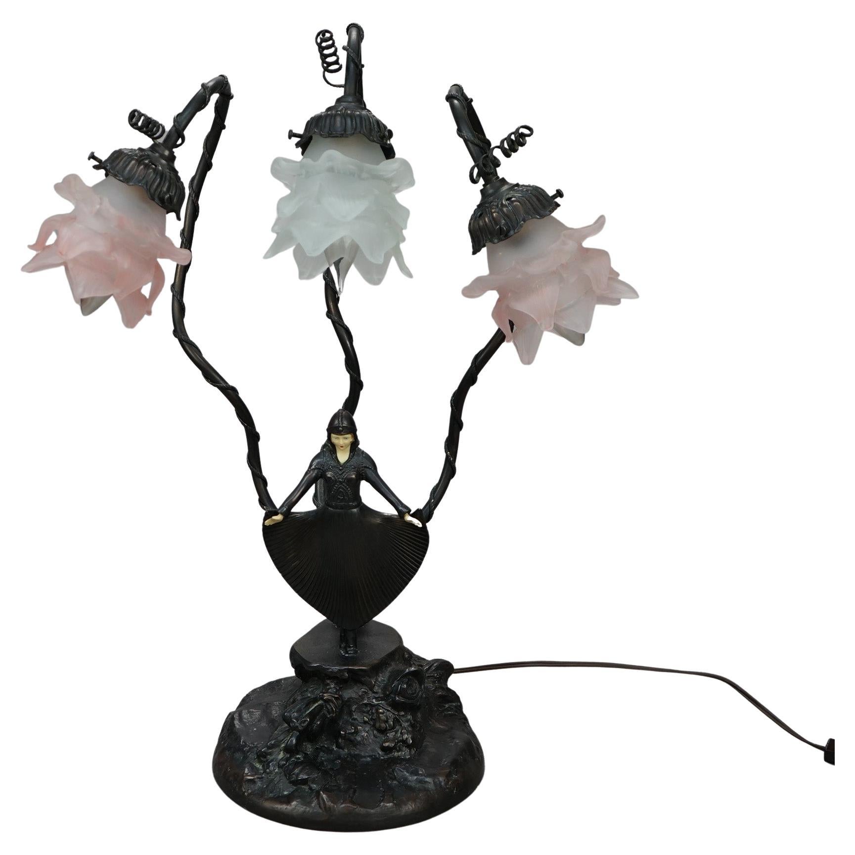 Figural Bronzed Metal & Bone Table Lamp with Woman and Flowers 20th C