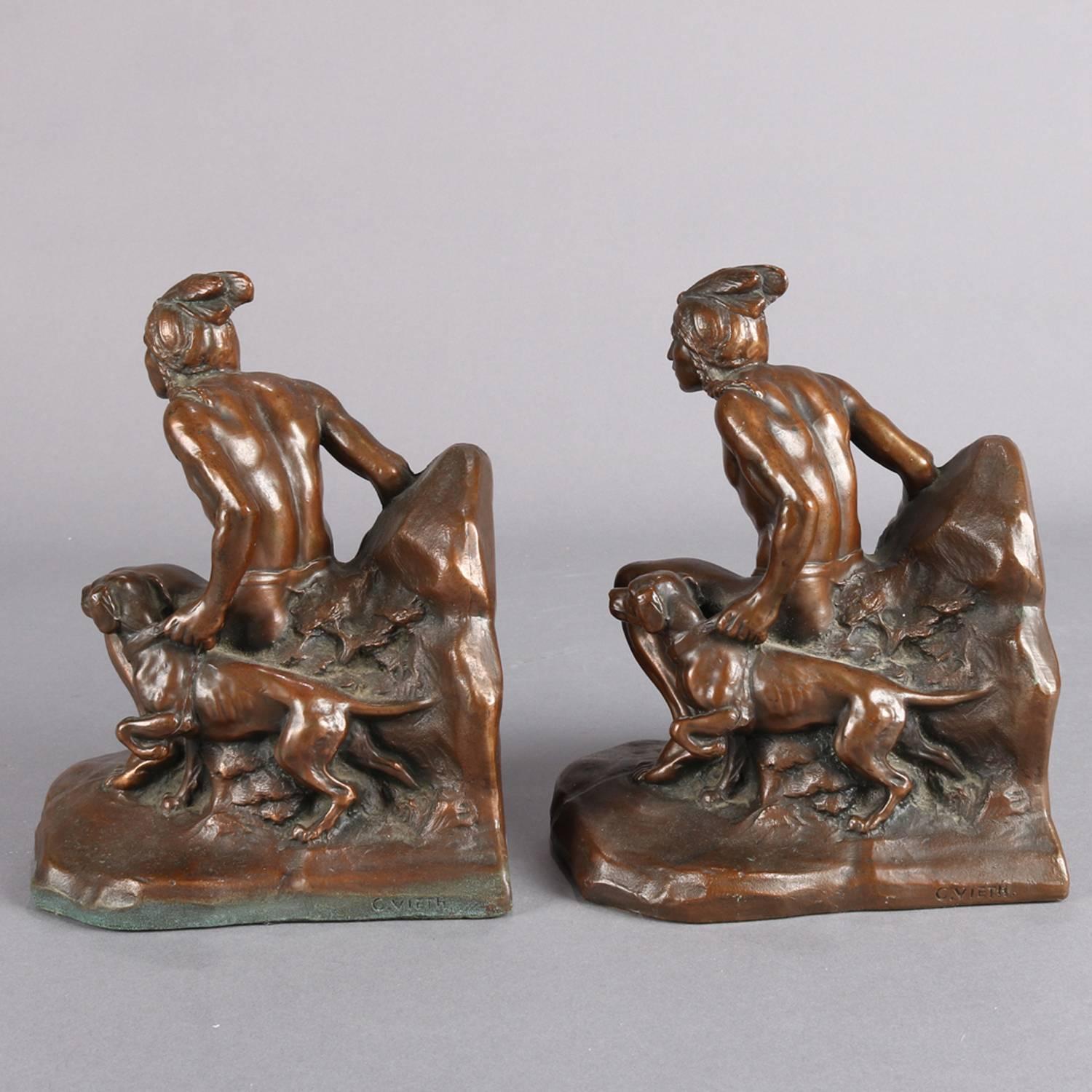 Figural Bronzed Native American Indian Sculpture Bookends Signed C. Vieth 5