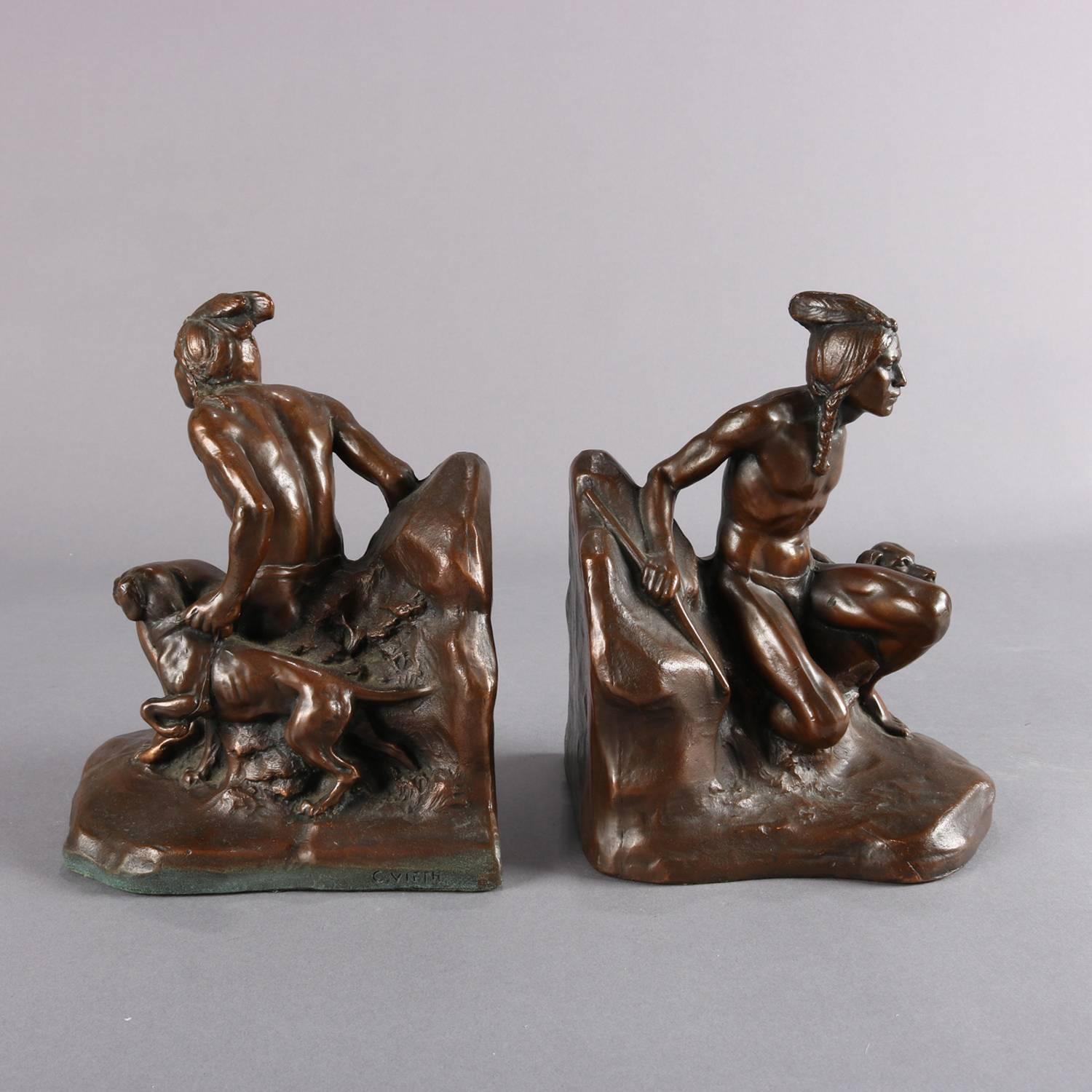 Figural Bronzed Native American Indian Sculpture Bookends Signed C. Vieth In Good Condition In Big Flats, NY