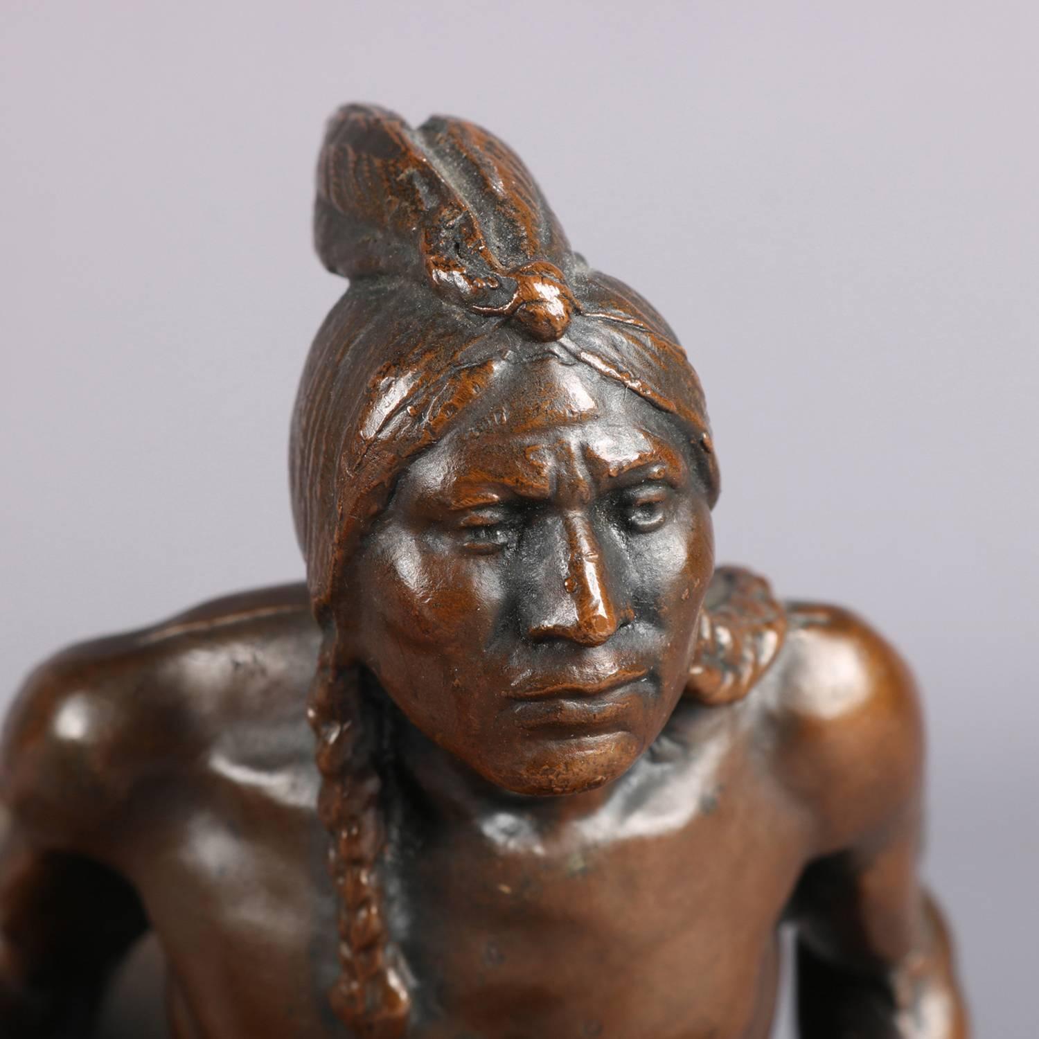 19th Century Figural Bronzed Native American Indian Sculpture Bookends Signed C. Vieth