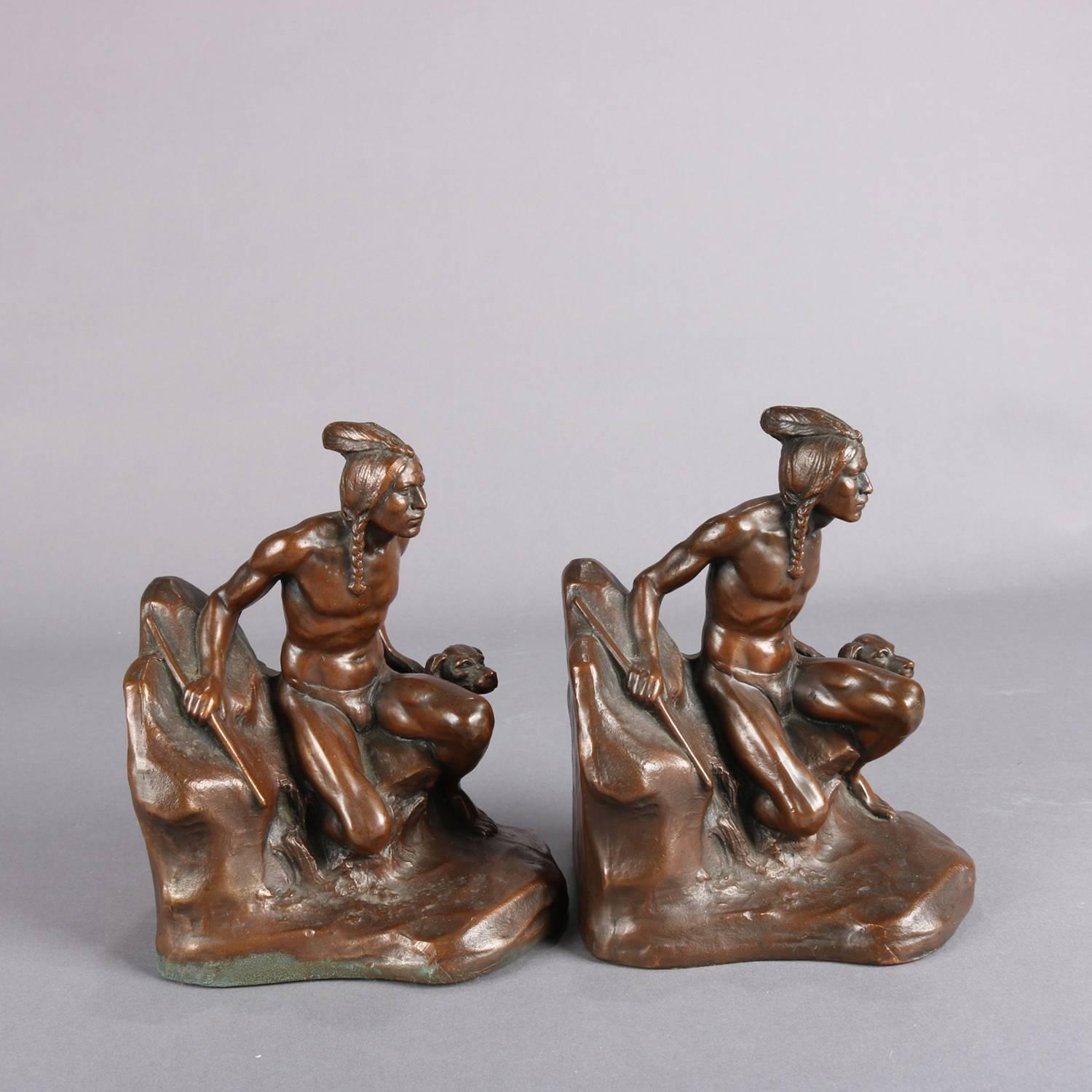 Figural Bronzed Native American Indian Sculpture Bookends Signed C. Vieth 1