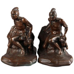 Figural Bronzed Native American Indian Sculpture Bookends Signed C. Vieth