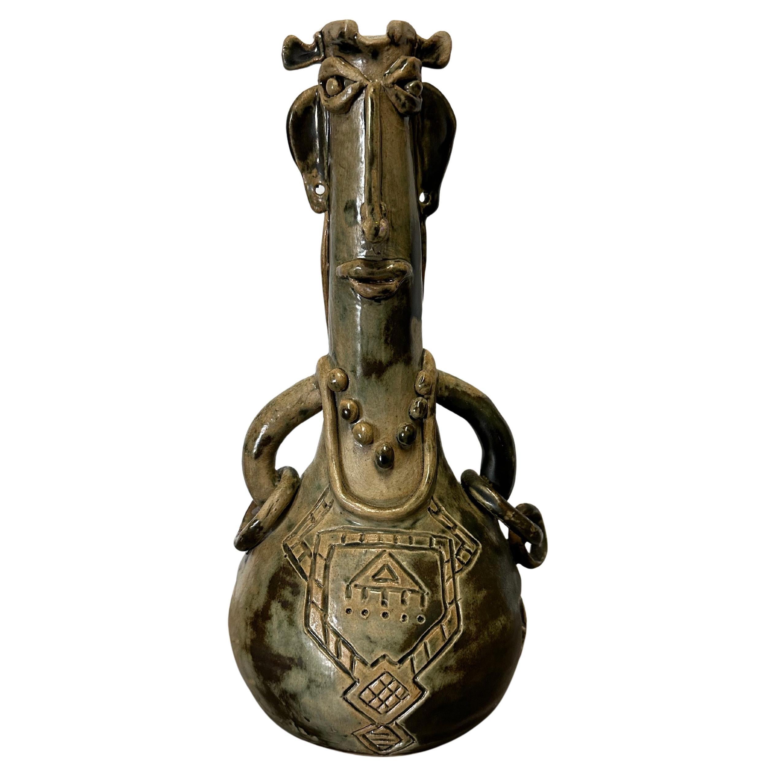 Mid-Century Modern Figural Brutalist Stoneware Pottery Vase in the Style of Picasso For Sale