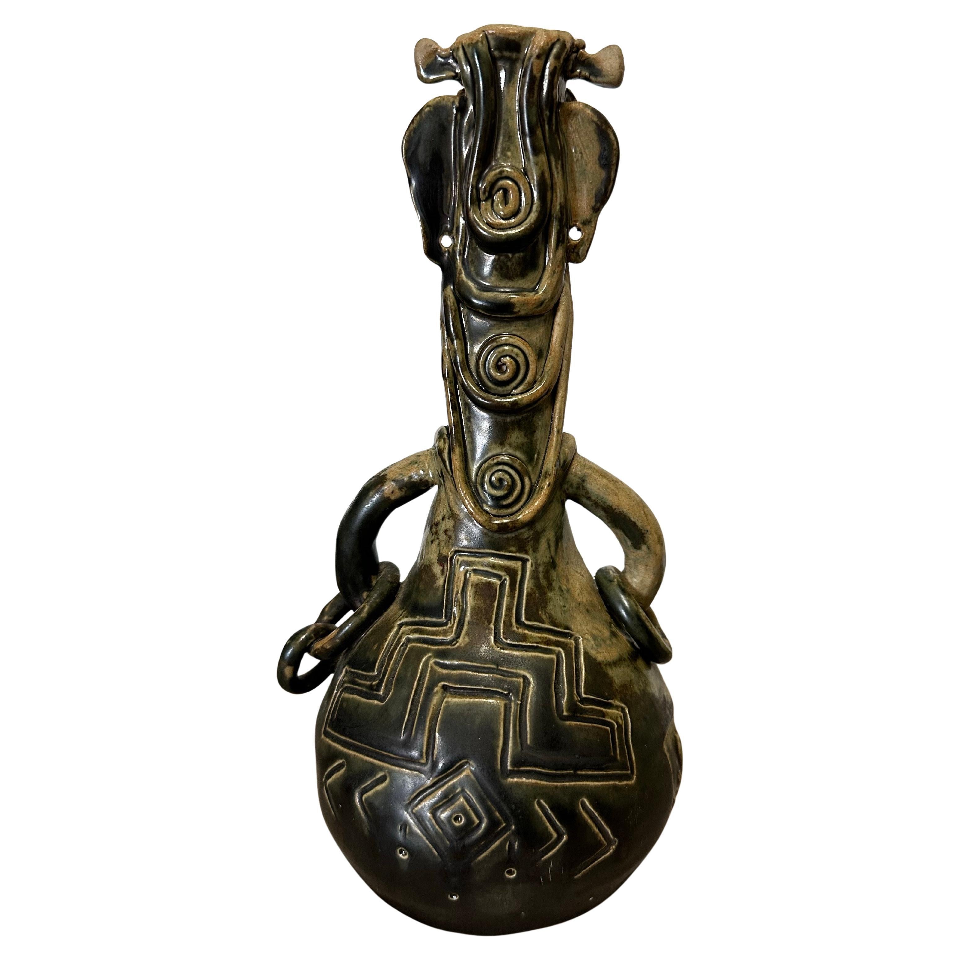 Israeli Figural Brutalist Stoneware Pottery Vase in the Style of Picasso For Sale