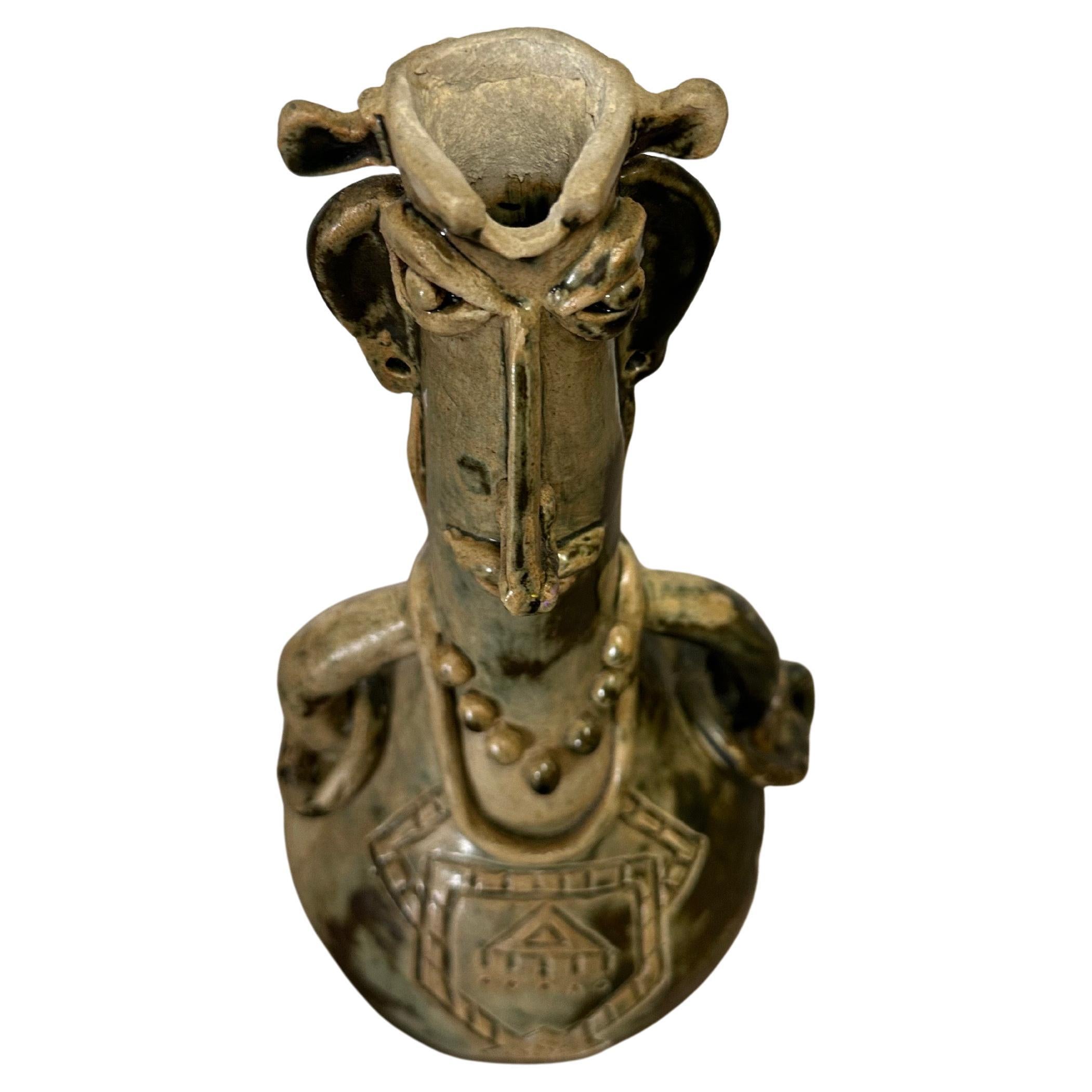 Hand-Crafted Figural Brutalist Stoneware Pottery Vase in the Style of Picasso For Sale