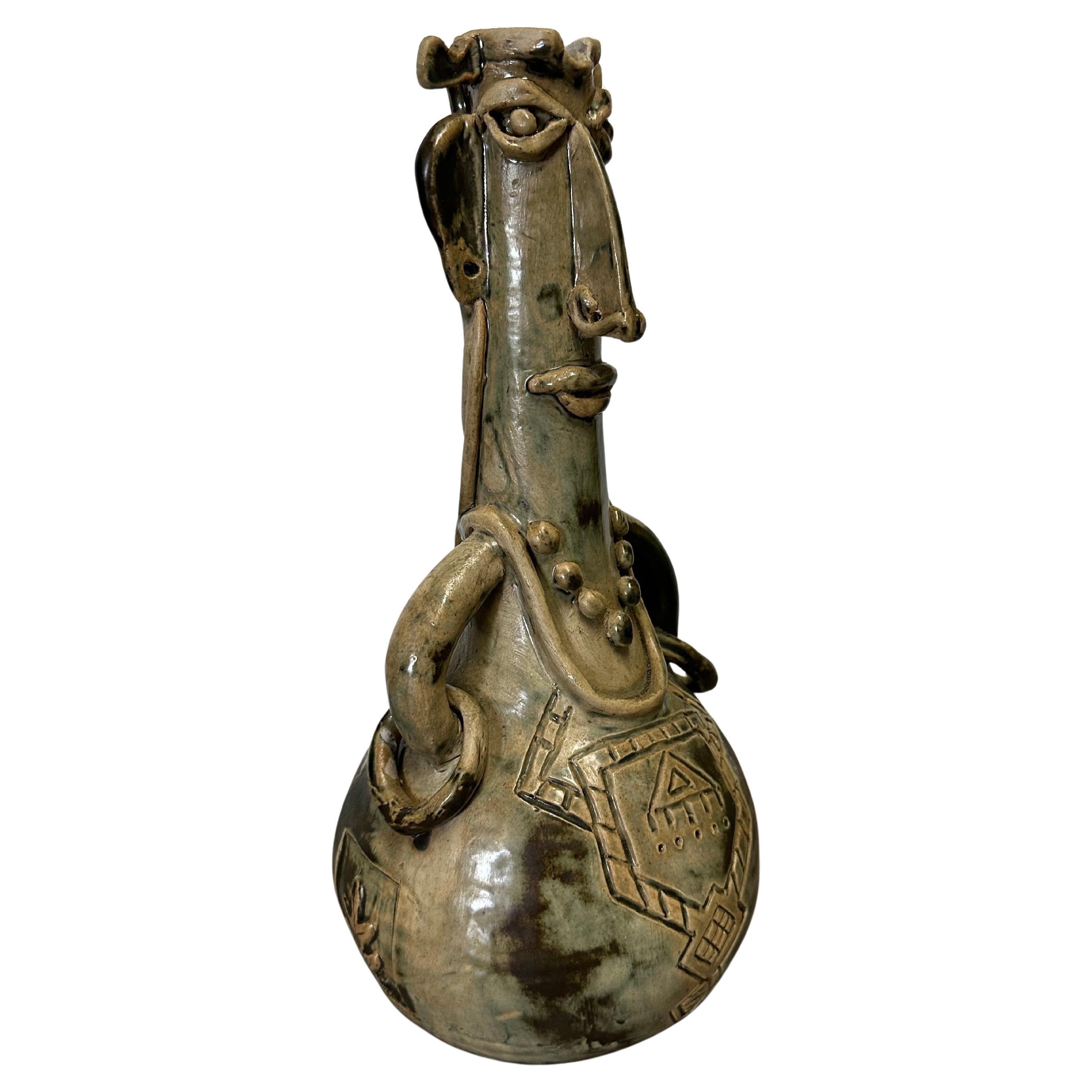 Figural Brutalist Stoneware Pottery Vase in the Style of Picasso For Sale