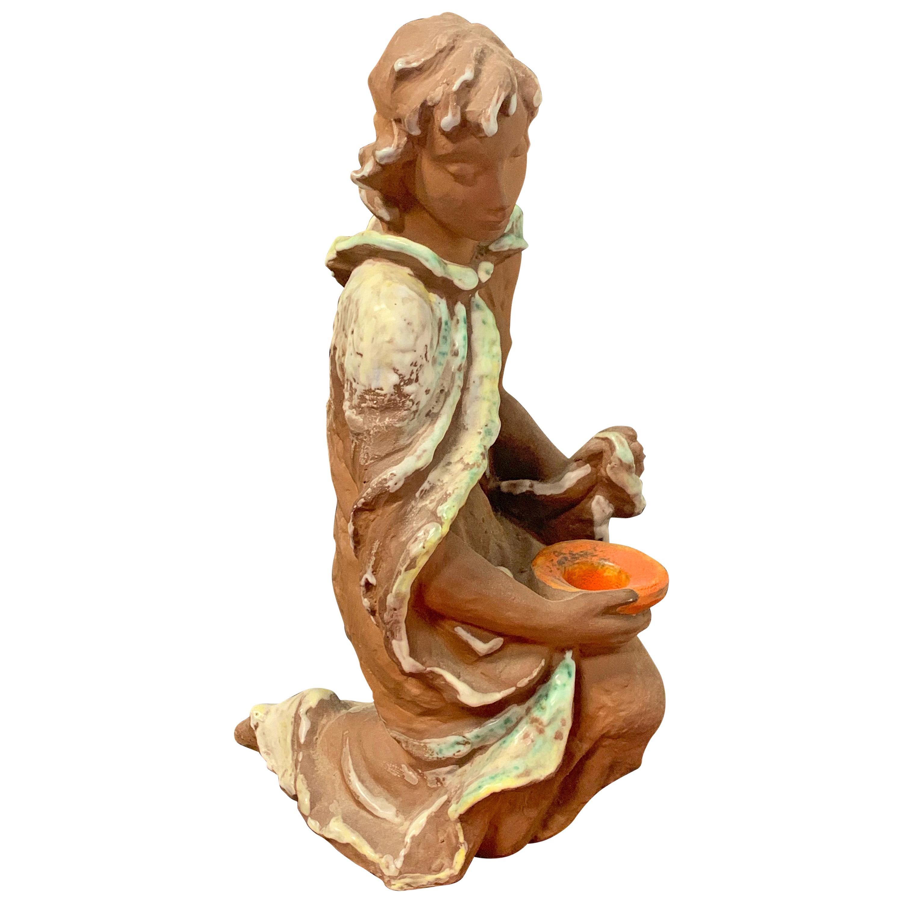 Figural Candlestick, Delightful 1950s-Era Ceramic Sculpture with Candleholder For Sale