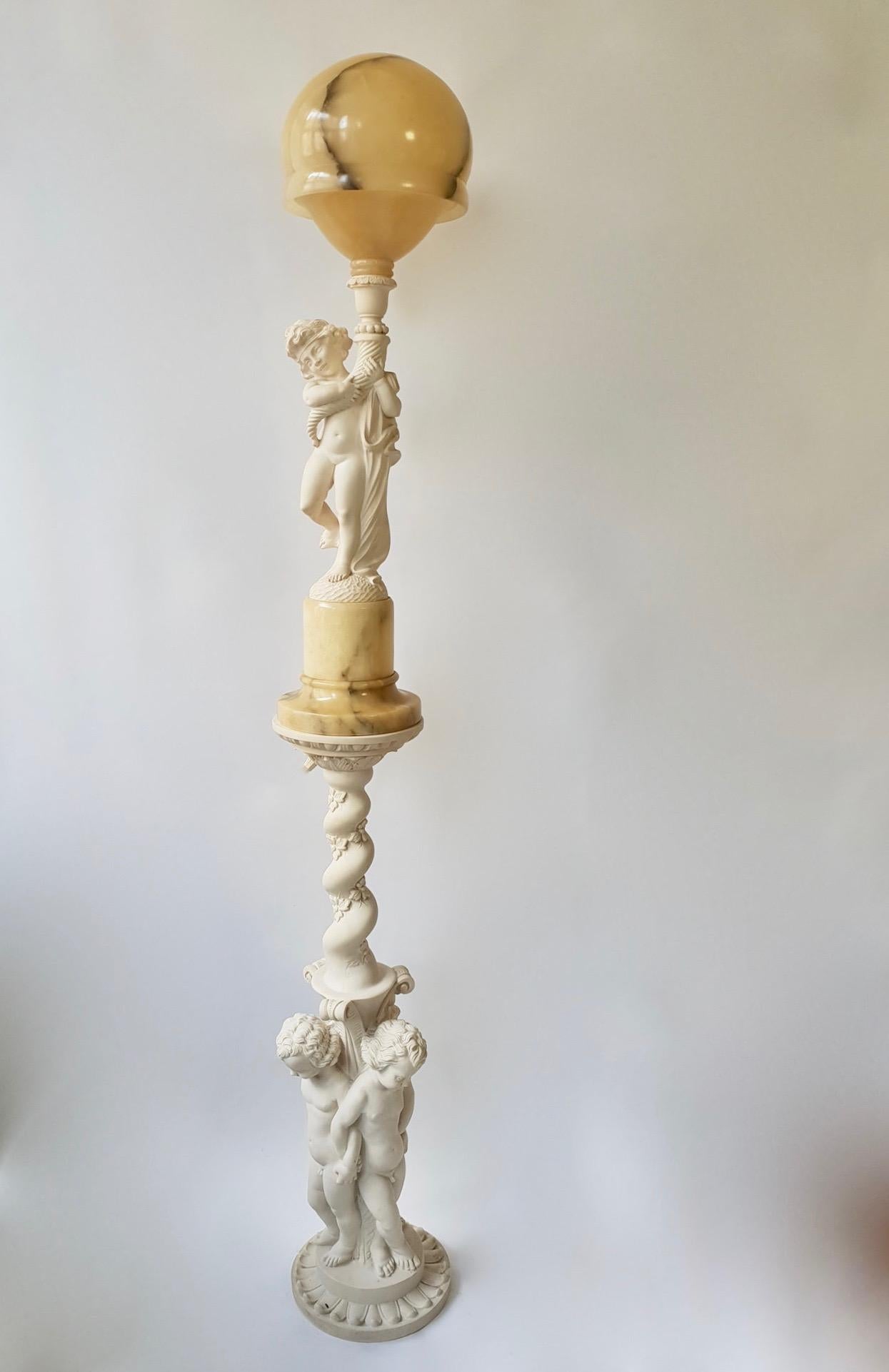 Giuseppe Bessi (1857-1922, Italy) carved alabaster sculpture table lamp - floor lamp on a column.Signed on the back “Prof. G. Bessi”, has a single socket in the interior and is in good overall condition with no repairs.
Total height 180 cm.
Height