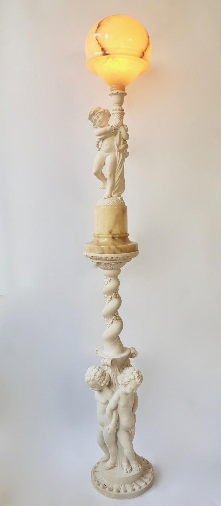 Hollywood Regency Figural Carved Alabaster Table Lamp on a Column by Prof. G. Bessi For Sale